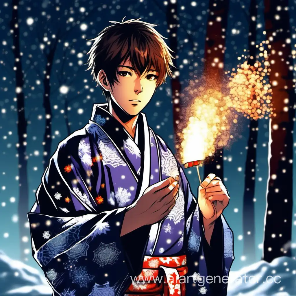 a half body portrait of a young man wearing winter yukata in winter night environment, holding a fire crackers , looking at it with gentle look and expression, around 15 to 17 years old