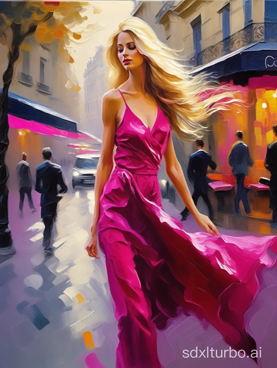 Stunning figurative painting, beautiful blonde, flowing long hair, full body, wearing fuchsia clothing, bokeh background of the streets of Paris, beautifully blended palette knife and brush strokes, oil paint, textured, cinematic lighting, fantastic masterpiece painting in the style of Volegov.
