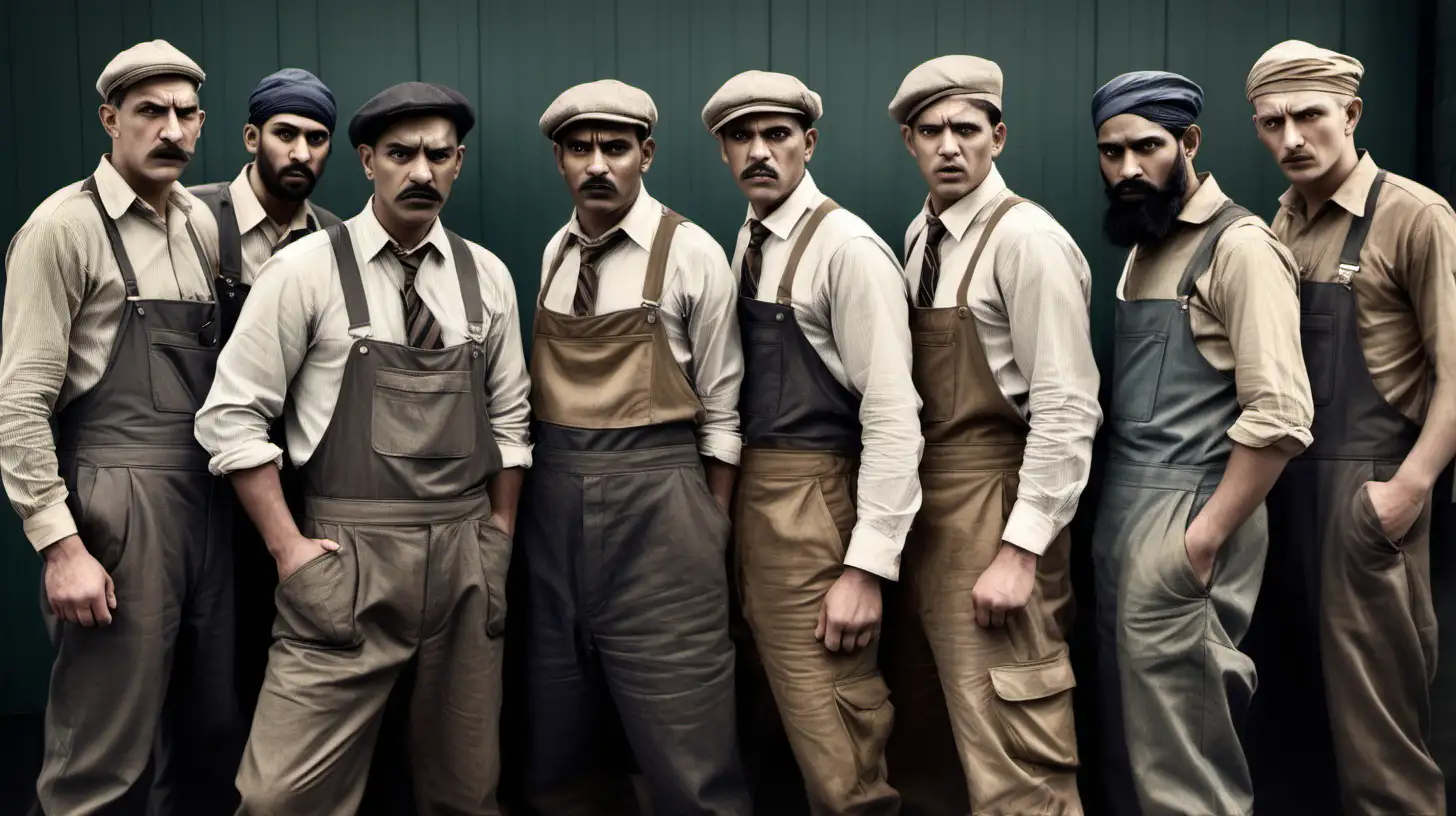 Intense Group of Multicultural Men in 1920s Workwear