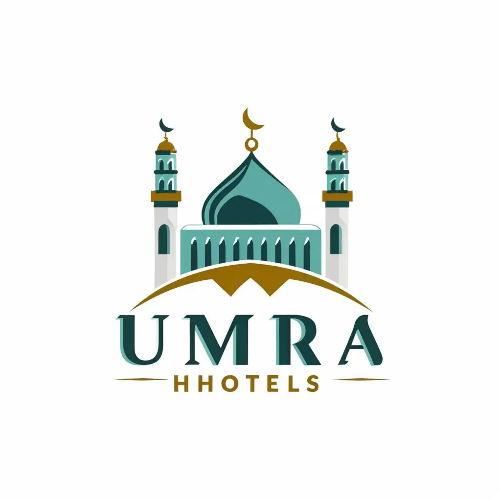logo, mosque curve and minaret, with the text "Umrahotels", typography, be used in Travel industry