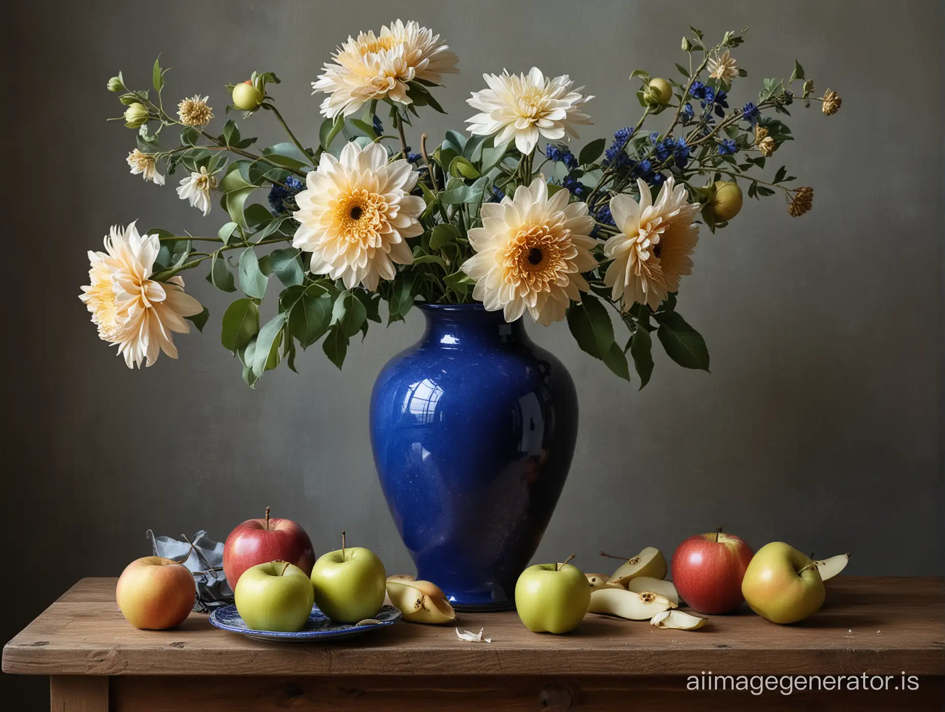 Still life with three large flowers in a cobalt vase, next to apples and pears
