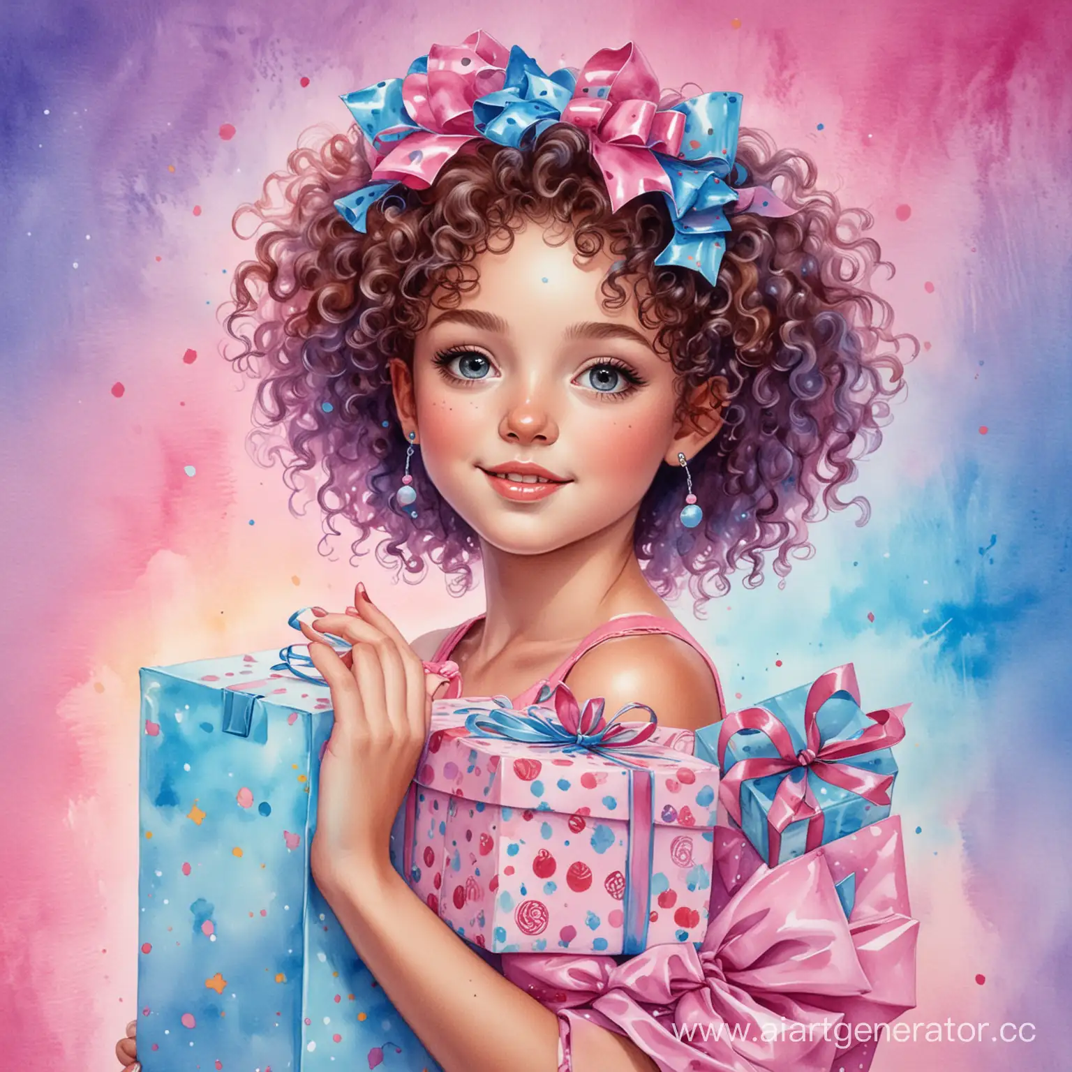 Adorable-CurlyHaired-Girl-Surrounded-by-Decorations-and-Gifts-on-a-PinkBlue-Watercolor-Background