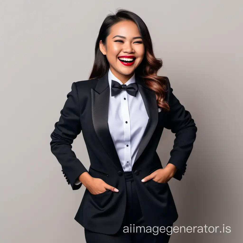 confident and formal filipino woman wearing a tuxedo, lipstick, hands in pockets, smiling and laughing, jacket open