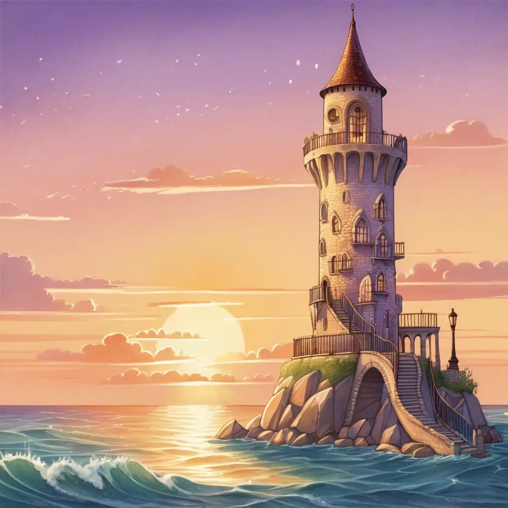 Show me a tower (like in Rapunzel), overlooking an ocean during a sunset. There is nothing but the tower or water in the scene

Create it in a Vintage Style Illustration for a children's book