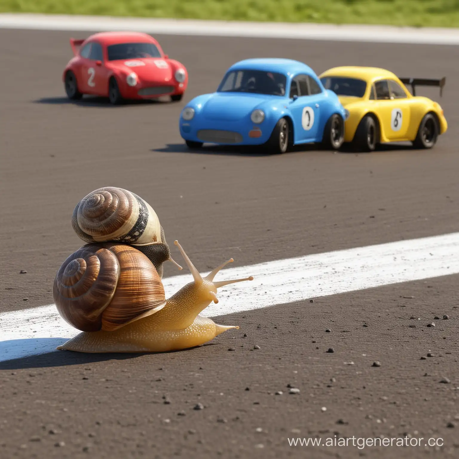 snail finishes first on the racetrack with other race cars