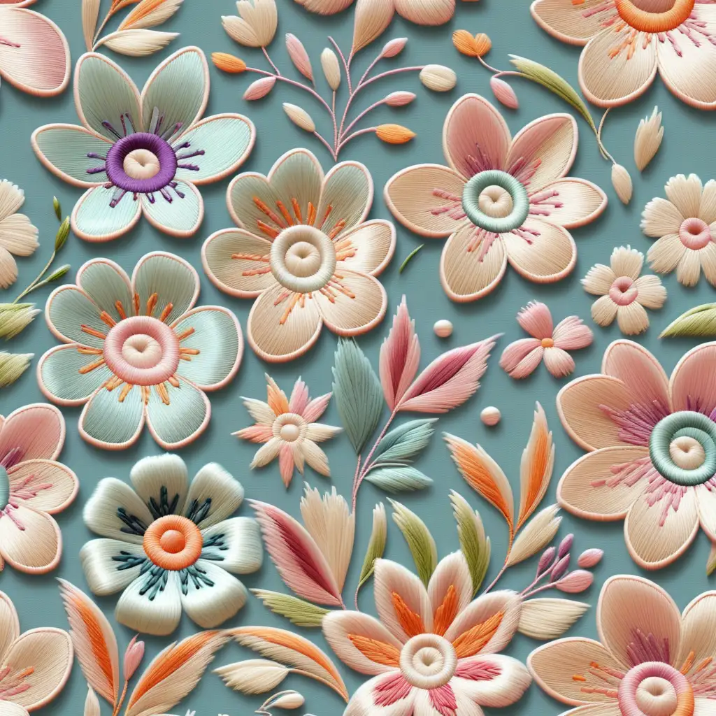 Springtime Blossoms Seamless Embroidery of Pastel Flowers
