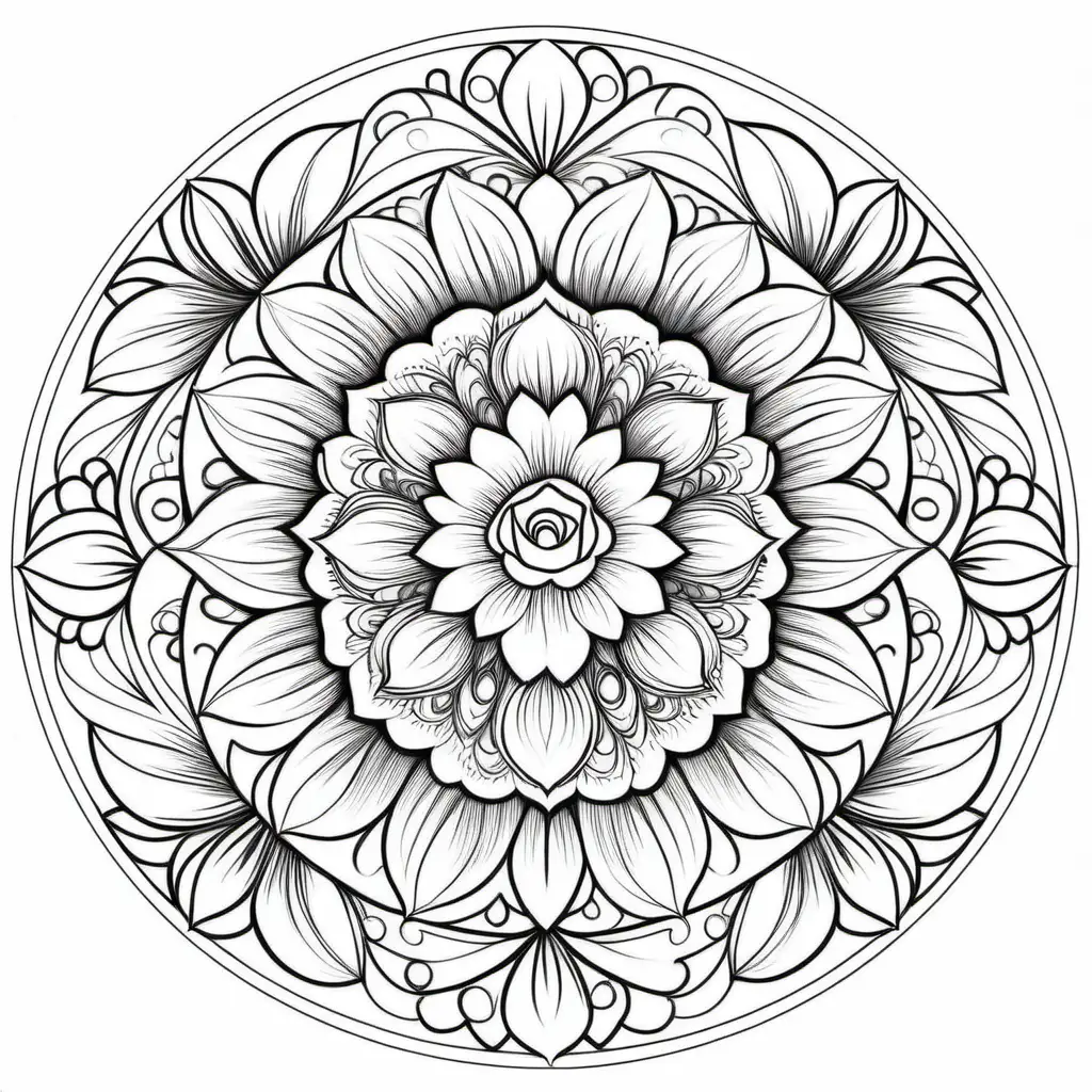 Craft a captivating floral mandala design suitable for coloring. Begin by centering the design around a floral motif or blossom. Embrace intricate and symmetrically arranged petals, leaves, and floral elements to form a balanced and engaging mandala pattern. Focus on creating clean and clear outlines that allow for easy coloring. Incorporate various flower types, such as roses, daisies, or lotuses, to add diversity and visual interest. Ensure the design provides ample space for creativity and coloring intricacies. Aim for a harmonious blend of floral elements, creating an engaging and relaxing coloring experience for enthusiasts.