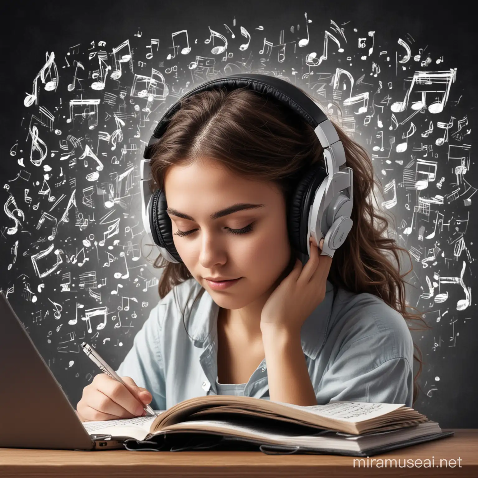An illustration of a student studying with headphones on, surrounded by musical notes and symbols, representing the integration of music into study sessions for enhanced cognitive performance.