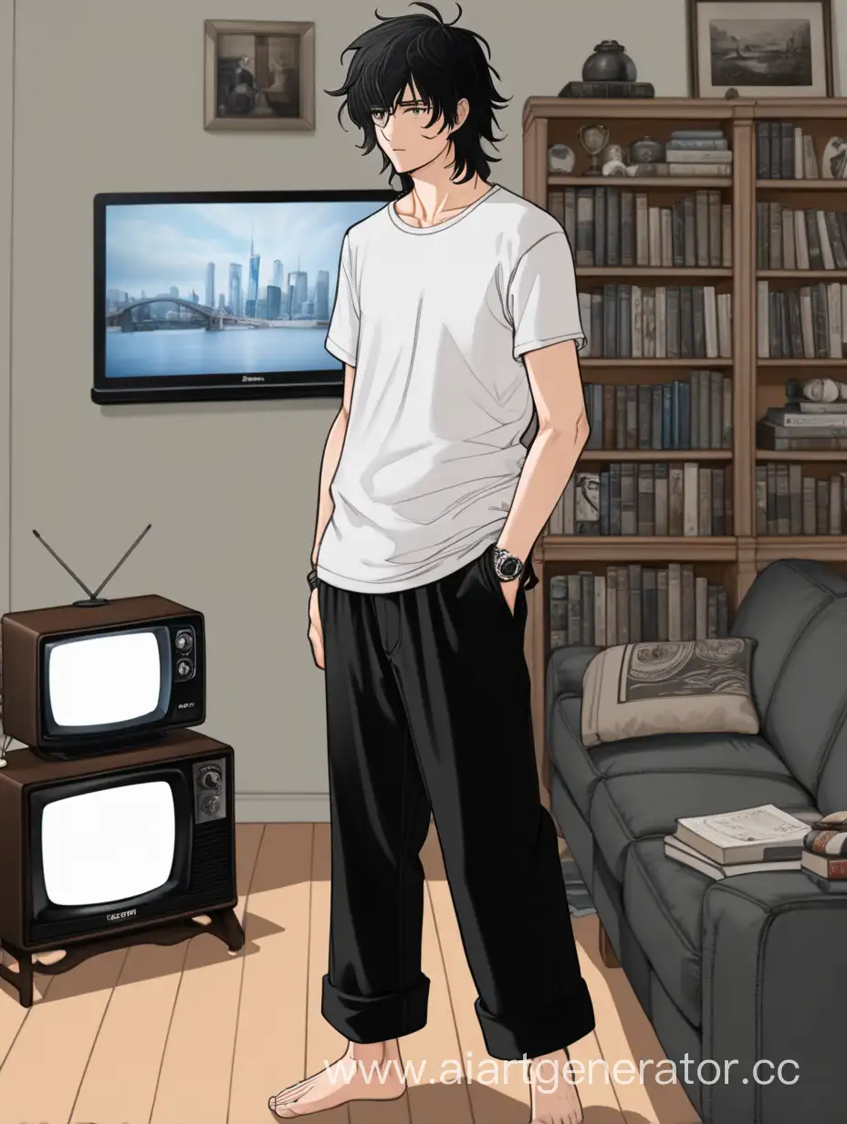 Парень с черными растрепанными волосами стоит в комнате с телевизором, диваном, и книжной полкой. одетый в черные широкие штаны, в белую футболку, босиком.