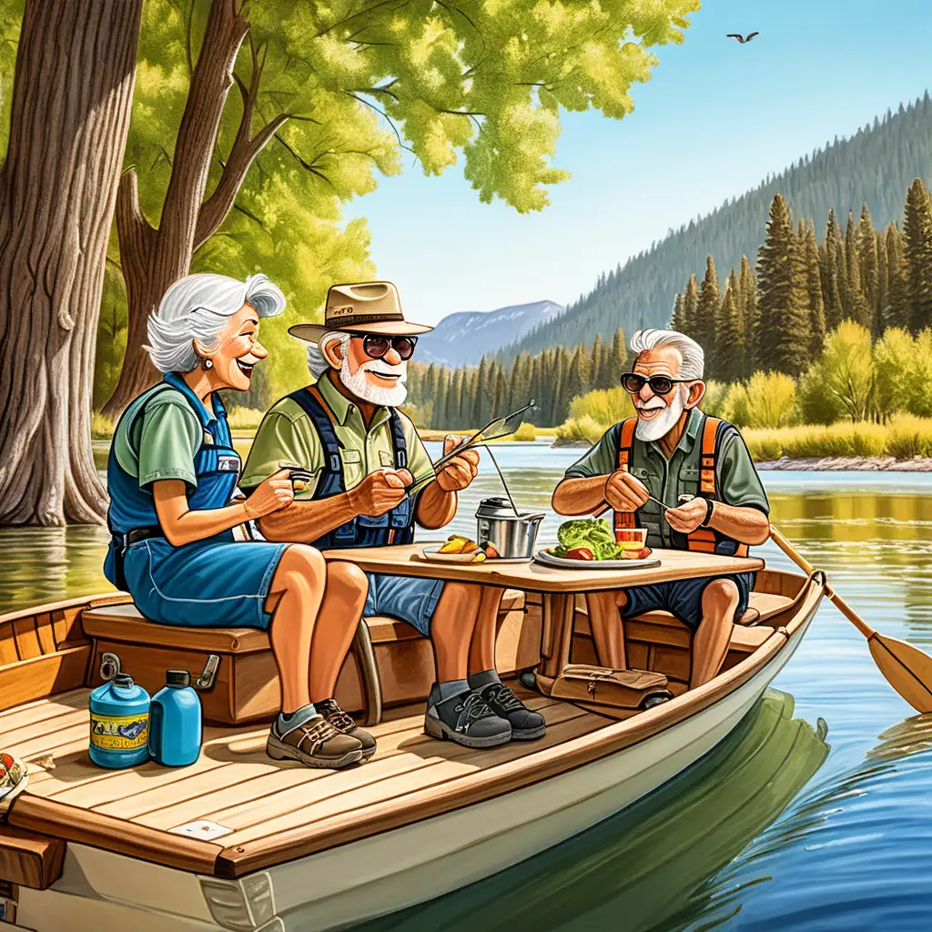 a cartoony picture of a older couple having lunch on a drift boat or row boat with a young fishing guide. Enjoying a nice lunch in the shade on a beautiful river in Montana.