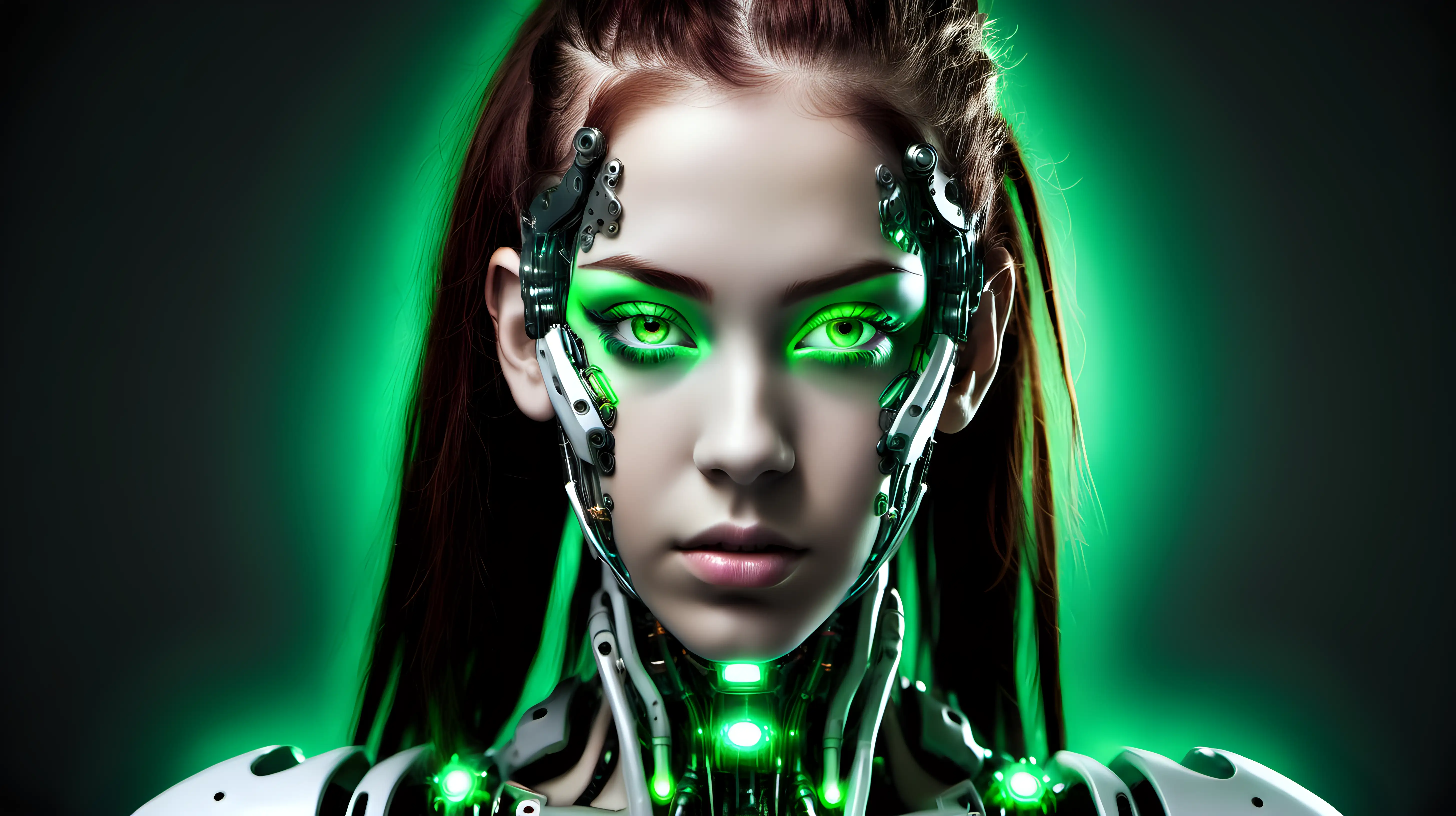 Cyborg woman, 18 years old. She has a cyborg face, but she is extremely beautiful. The color of her eyes is natural green, not neon green.