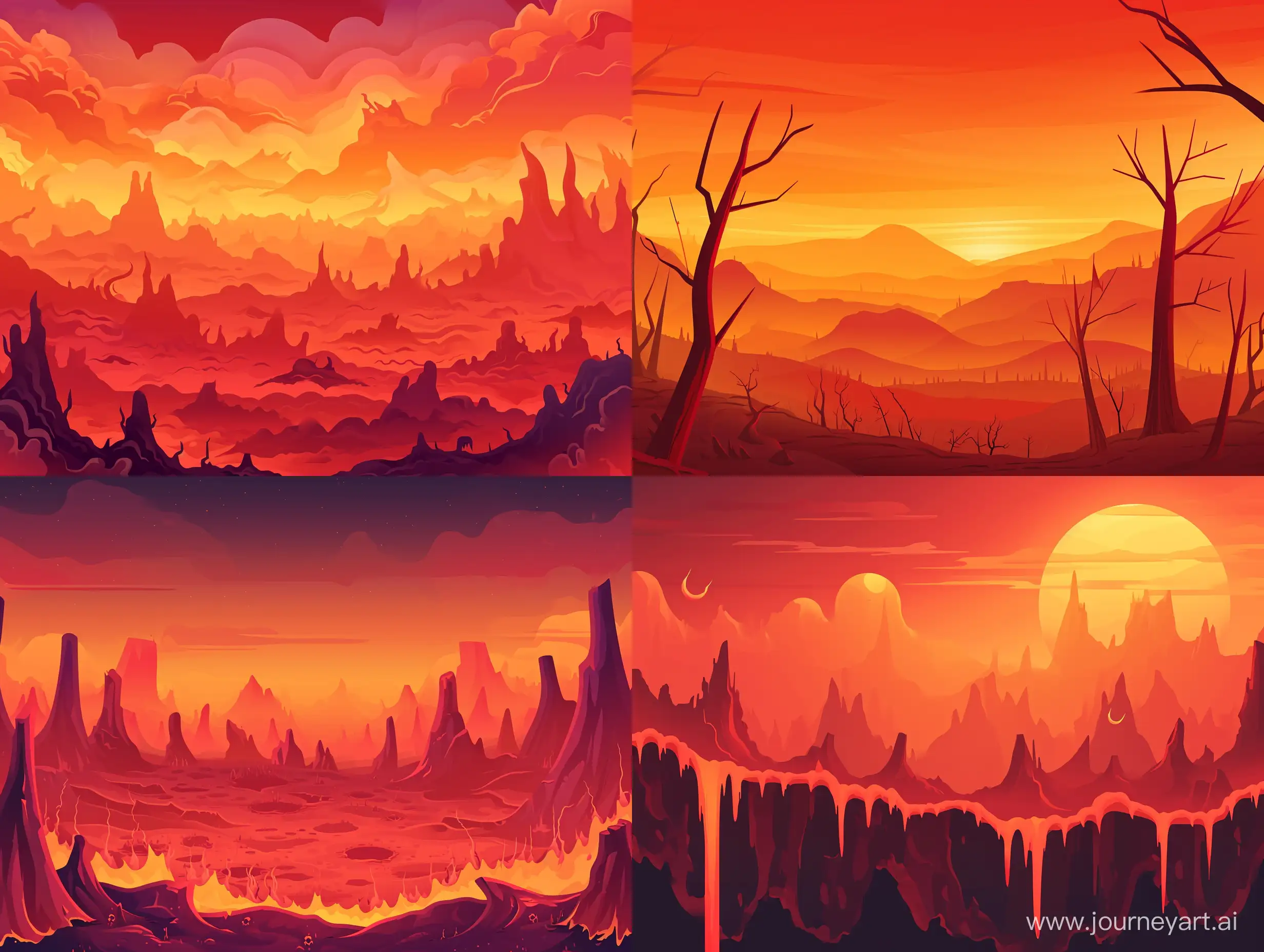 AN LANDSCAPE OF APOCALYPSE
, HELL looks, with a gradient color of ORANGE red, cartoon style
