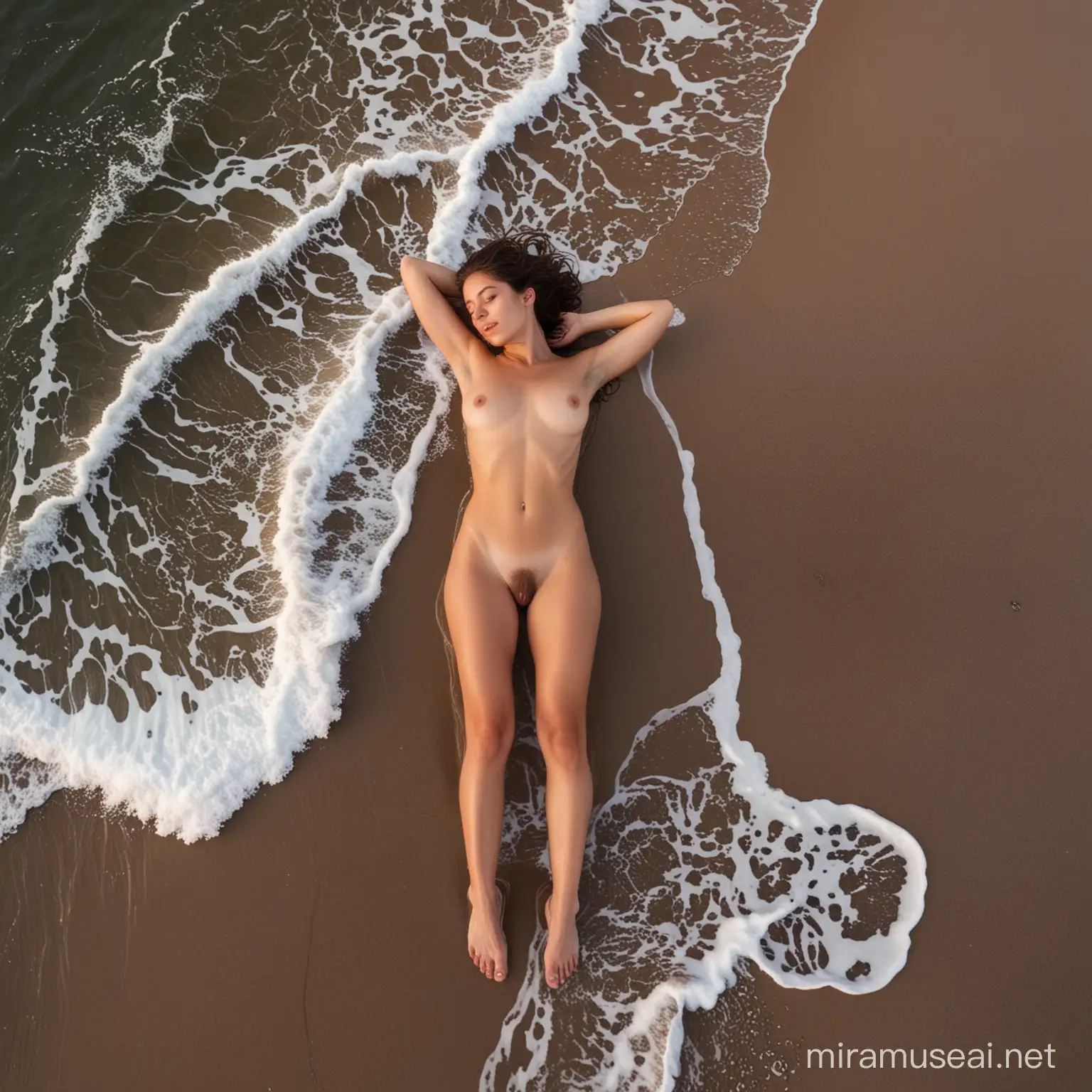 Aerial View of Petite Sicilian Woman Laying Nude on Beach at Dusk