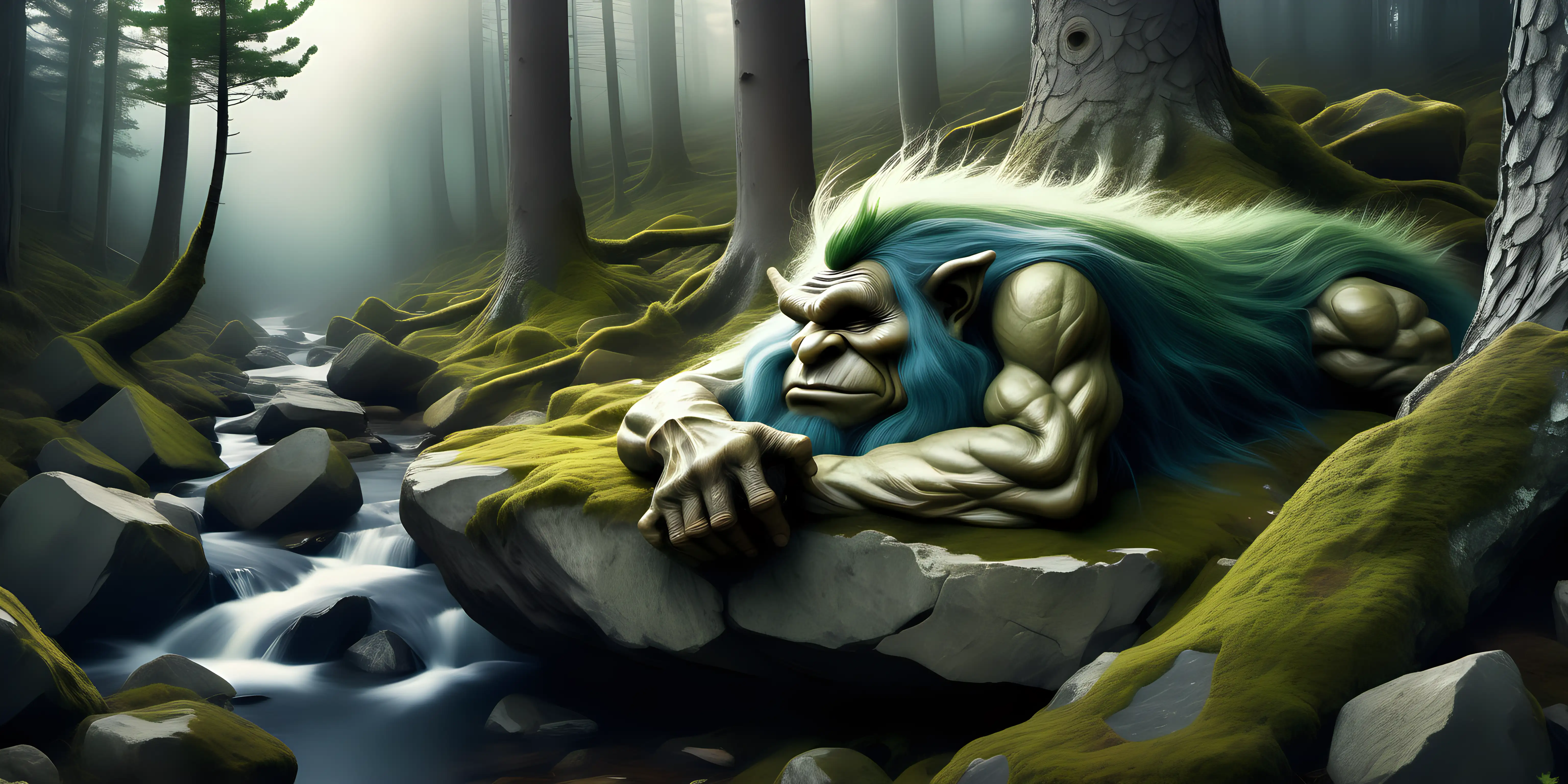 a folklore troll is peacefully 
 sleeping , he is from Norway in ancient green pine tree forest with huge boulders & a stream