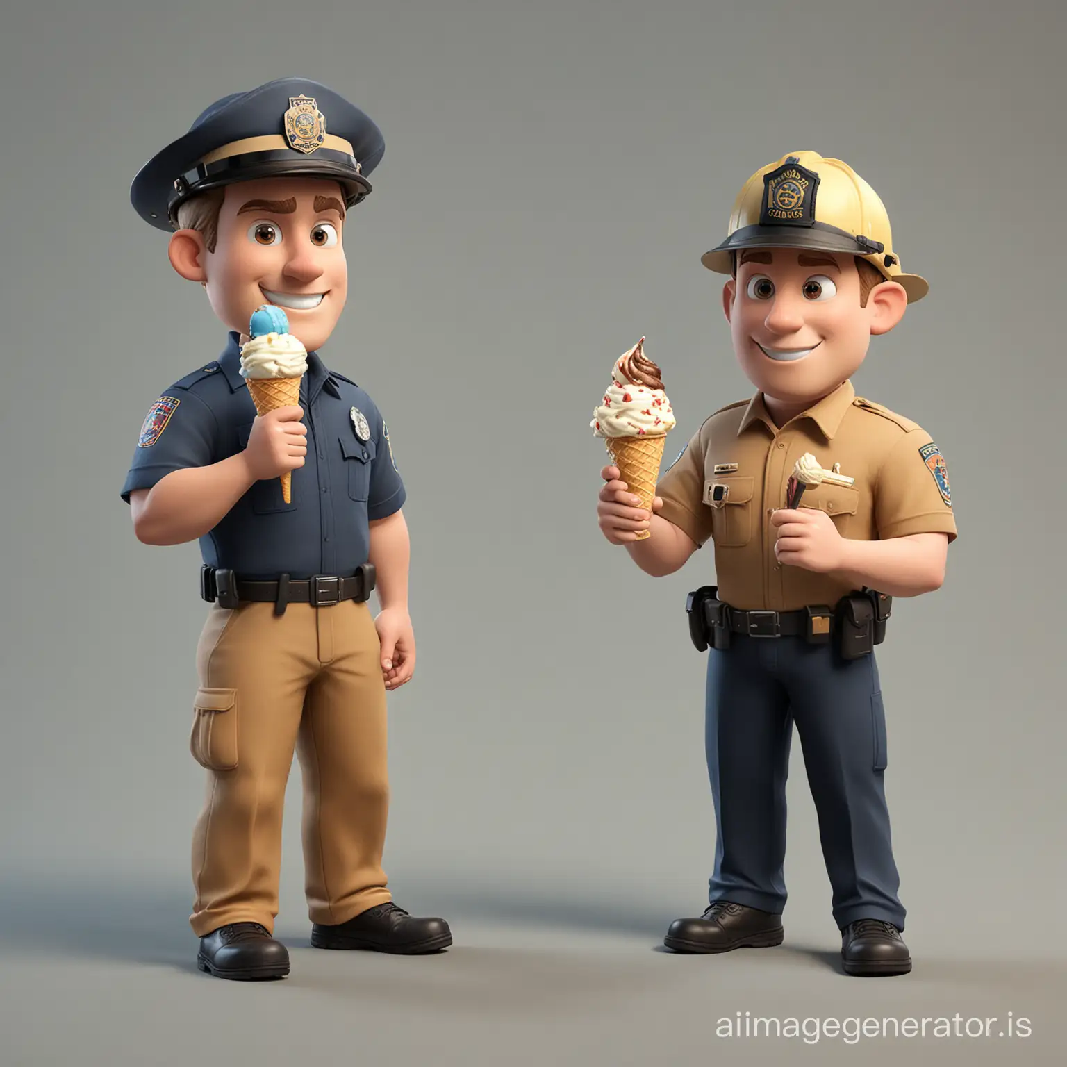 create a cartoon image.  a firefighter man wearing a tan/light brown uniform and a black firefighter helmet.  The other person is a policeman wearing a blue uniform, blue regular police hat (not a helmet).  they are both holding / eating an ice cream cone.