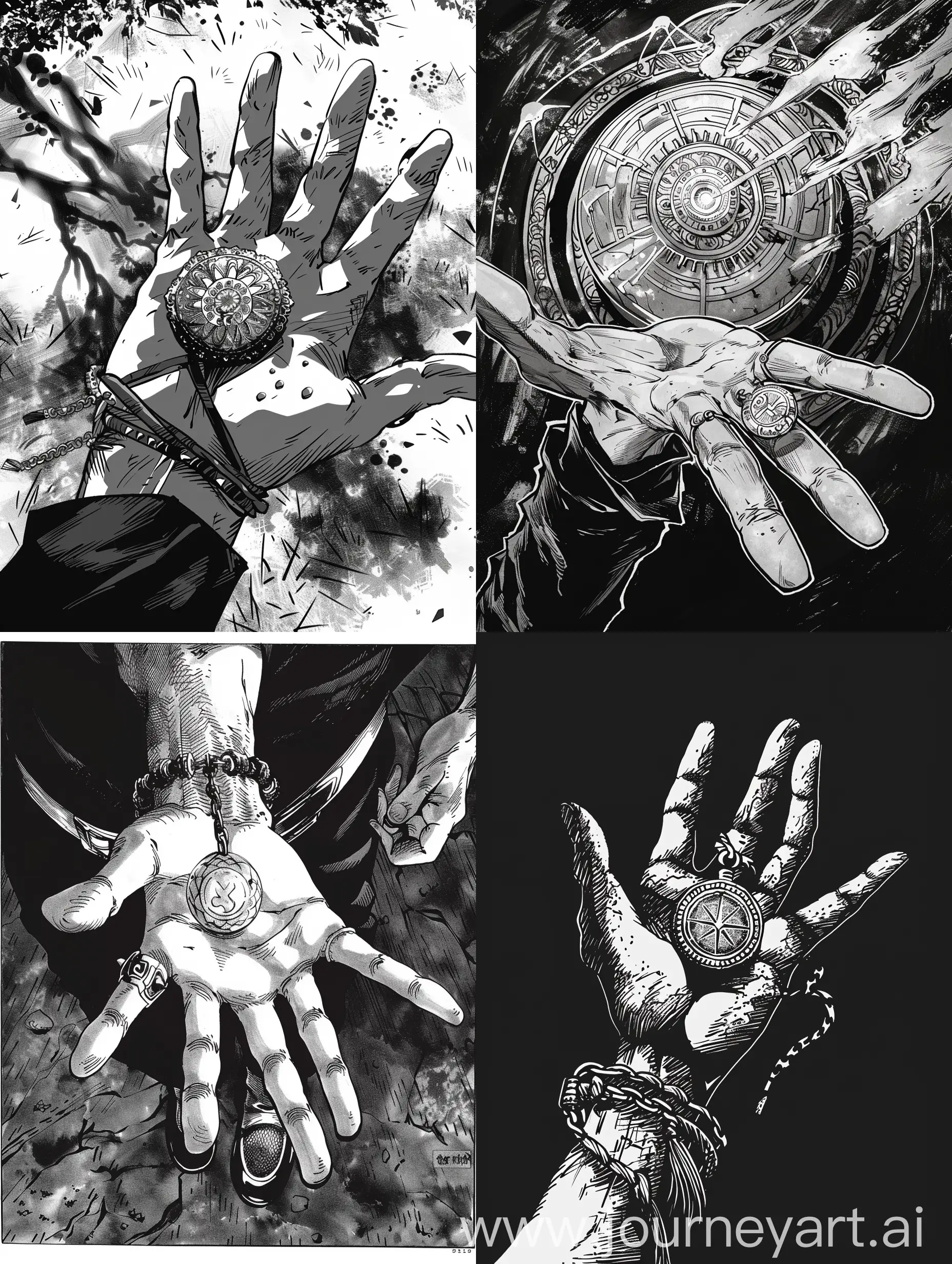 the amulet in the hand, manga style.