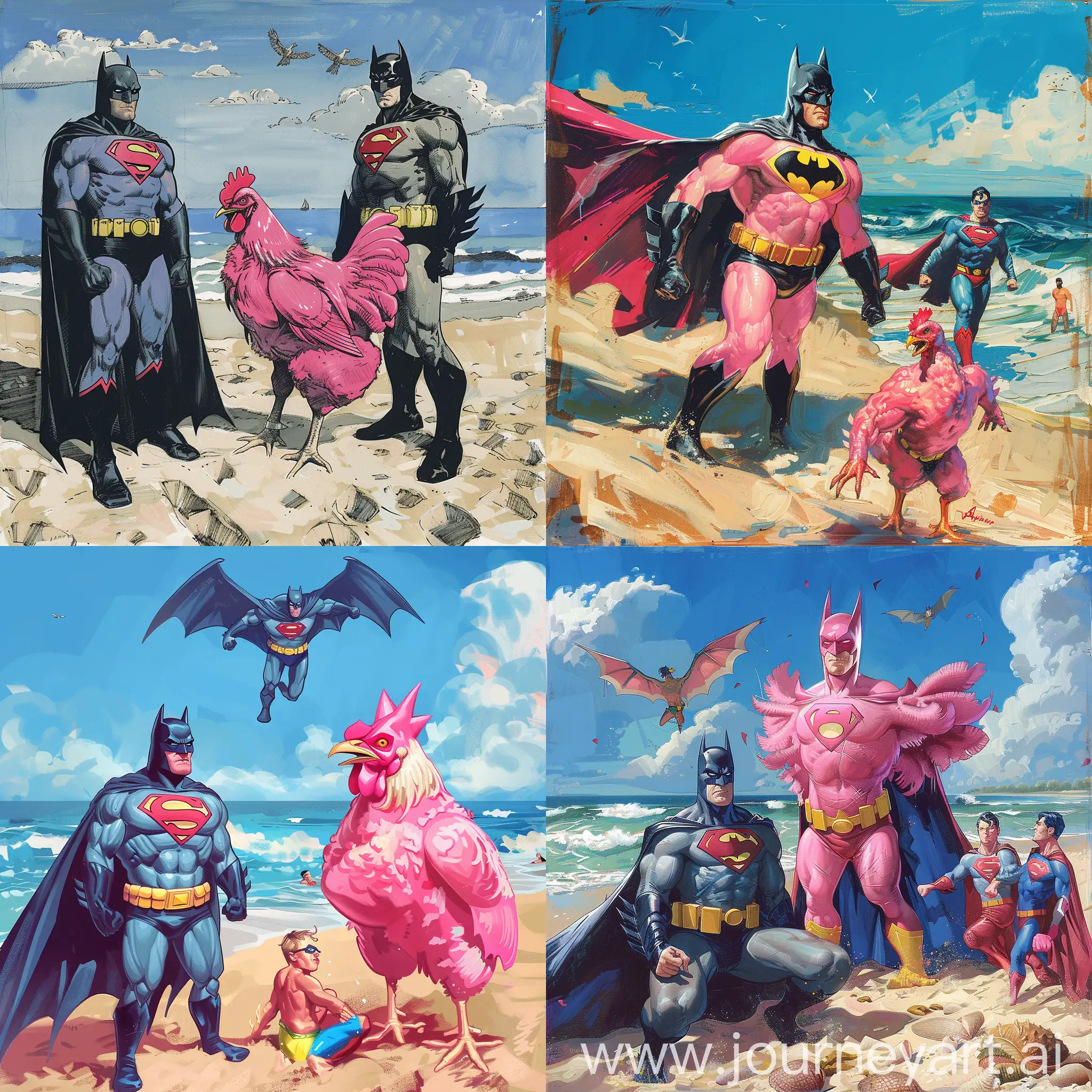Pink-Chicken-with-Batman-and-Superman-Enjoying-Beach-Day