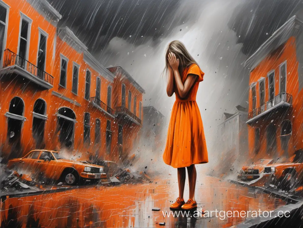 Девочка в оранжевом платье, стоит на площади и плачет. Идёт дождь. Вокруг падают бомбы и взрываются дома. Живопись