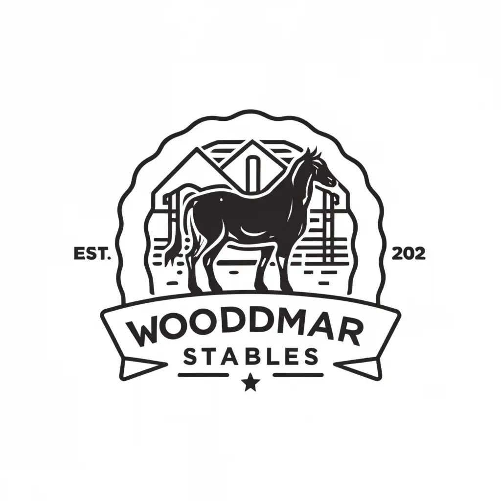 a logo design,with the text "Woodmar Stables", main symbol:The logo is for my farm, Woodmar Stables, and should be in black and white.
2 styles preferred. One linear and one round.

Key Elements:
- Depict key animals: horses, a mini donkey, goats, cats and dog (preferably a shih tzus silhouette)
- Including a barn symbol is optional, signifying the farm setting
- Follow a minimalistic style to keep it sleek and streamlined
The logo should encapsulate the character of our growing farm, with a clean, uncluttered aesthetic for a soothing and positive impression.,Minimalistic,be used in Animals Pets industry,clear background