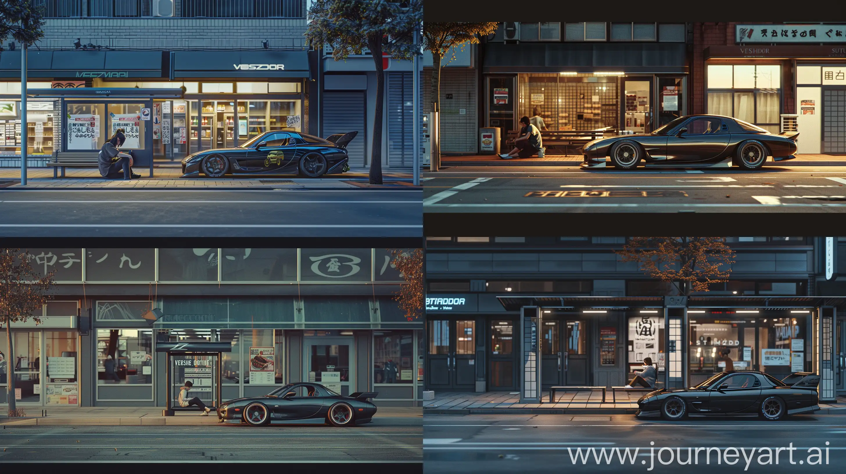 A scene outside of a storefront in front of an empty street, featuring a person sitting on a bus stop bench near to a parked VeilSide Fortune Mazda RX7, designed in the style of Goro Fujita and Studio Dressingdor --ar 16:9