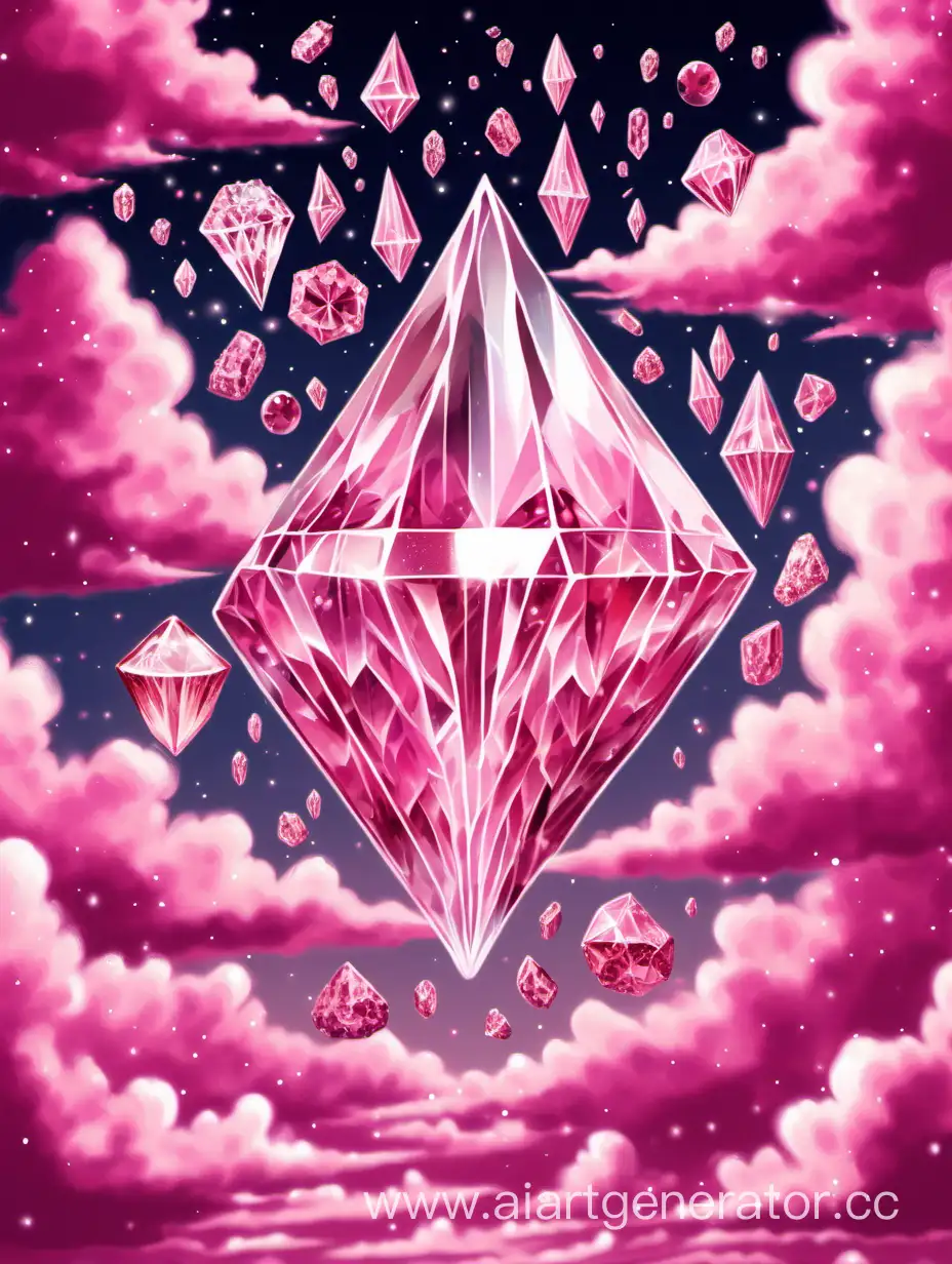 Розовые облака, много кристаллов, алмазов