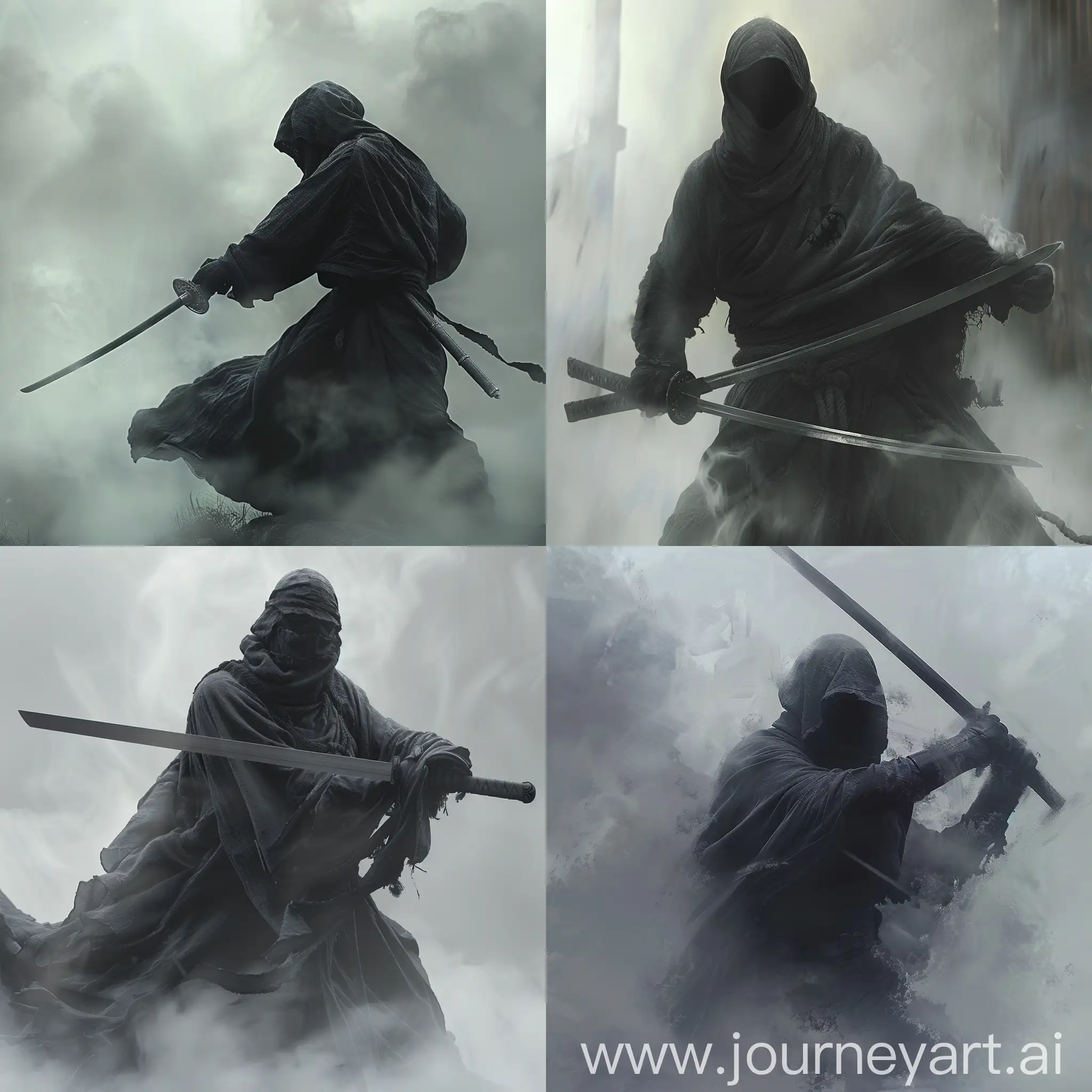 This captivating image showcases an individual enshrouded in a mysterious black garment, firmly grasping a sword, poised as if ready for battle. The ambiance of the scene is further intensified by a subtle mist that envelops the setting, suggesting an outdoor locale that teeters on the brink of the ethereal and the ominous. The artwork, rendered with a digital compositing technique, blurs the line between reality and the fantastical, evoking the immersive feel of an action-adventure game or an action film's climactic moment. The color palette is dominated by shades of grey and black, adding a stark, monochromatic intensity to the image, punctuated only by an accent that hints at the presence of hidden elements or possibly the character's insignia. Despite the absence of vivid colors, the image is far from monotonous; the play of light and shadow adds depth and intrigue, inviting the viewer to ponder the story behind the mysterious figure. The figure's stance and the firm grip on the weapon convey a readiness and resolve, suggesting a warrior well-versed in the art of combat. The fog that surrounds the scene lends an otherworldly quality, as if the moment captured is not merely a confrontation but a scene from a narrative rich with adventure and danger. Interestingly, the absence of visible faces or identifiable features adds a universal quality to the character, allowing viewers to project their own interpretations or fantasies onto the scene. This element of ambiguity is a testament to the image's power to engage and inspire, making it a compelling addition to any collection of digital artwork or cinematic visuals. --cref https://cdn.discordapp.com/attachments/1110487272400375889/1221486513582506004/image.png?ex=6612c0f6