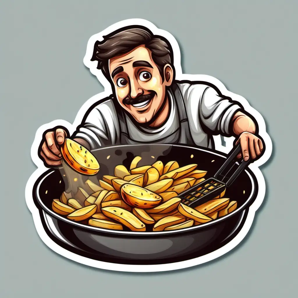 A man frying fried potatoes, sticker style, ultra detailed