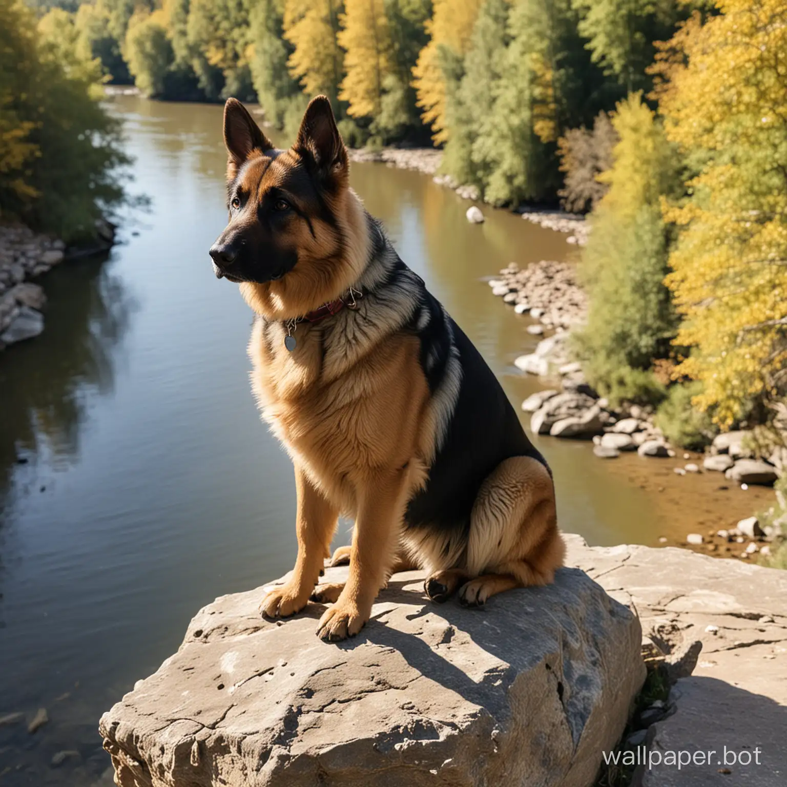 german shepherd on a rock cliff overlooking a river in the sunshine