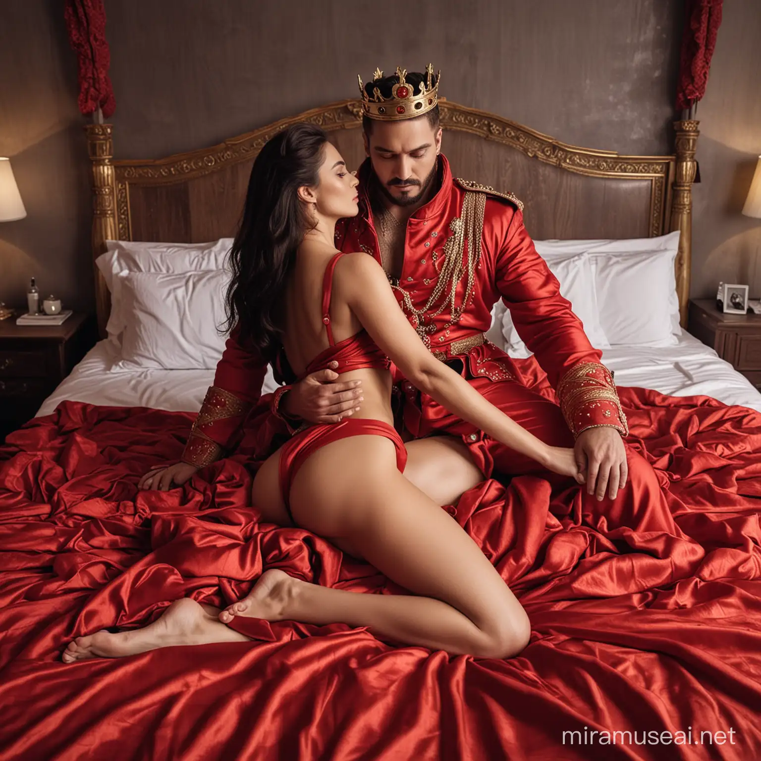A king wearing war custom and a beautiful woman wearing red clothes doing sex on bed 