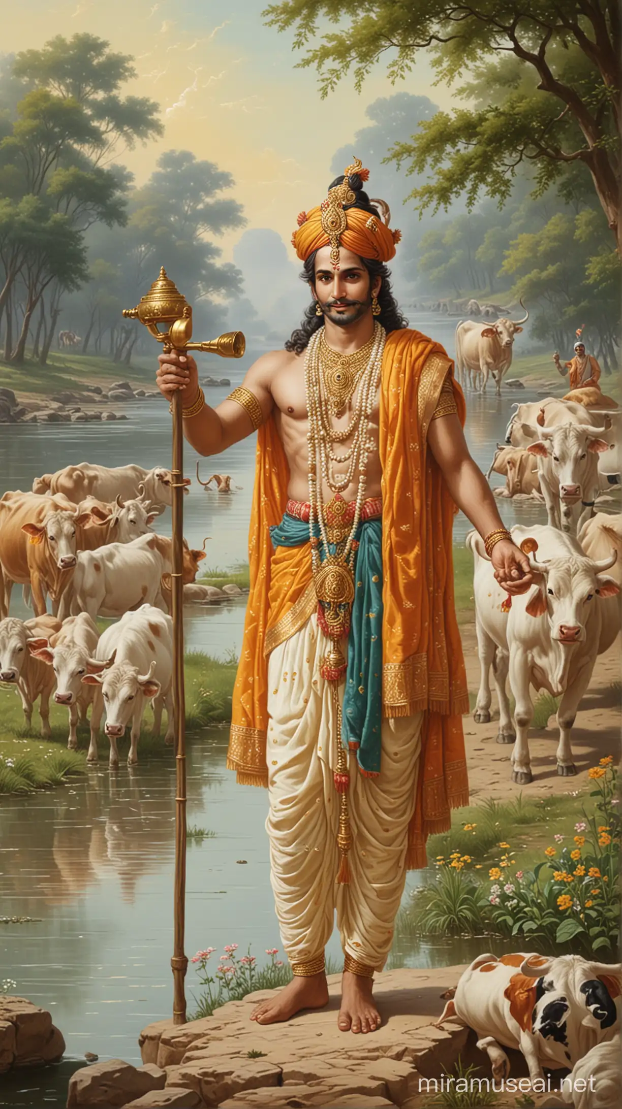 Krishan bhagwan vishnu ji with cows and whistle flute near bank of river