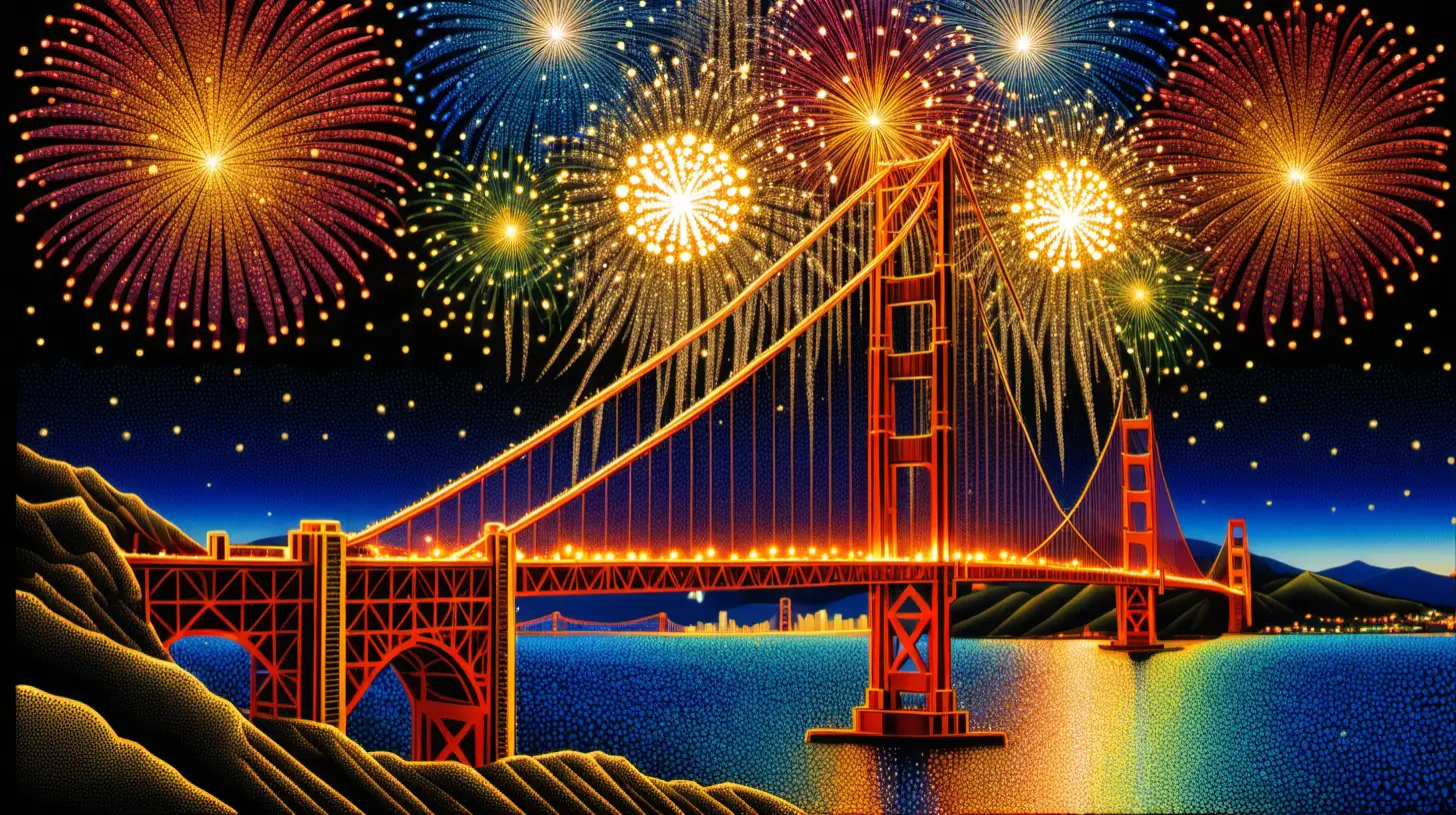 New Year's Eve fireworks over the famous Golden Gate bridge at night, paper filigree, employing radiant pointillist techniques, luminous pointillism style, crafted with metal strands, deep yellow and bright blue, dual imagery, multi-layered opacity, vivid hues, and illumination 