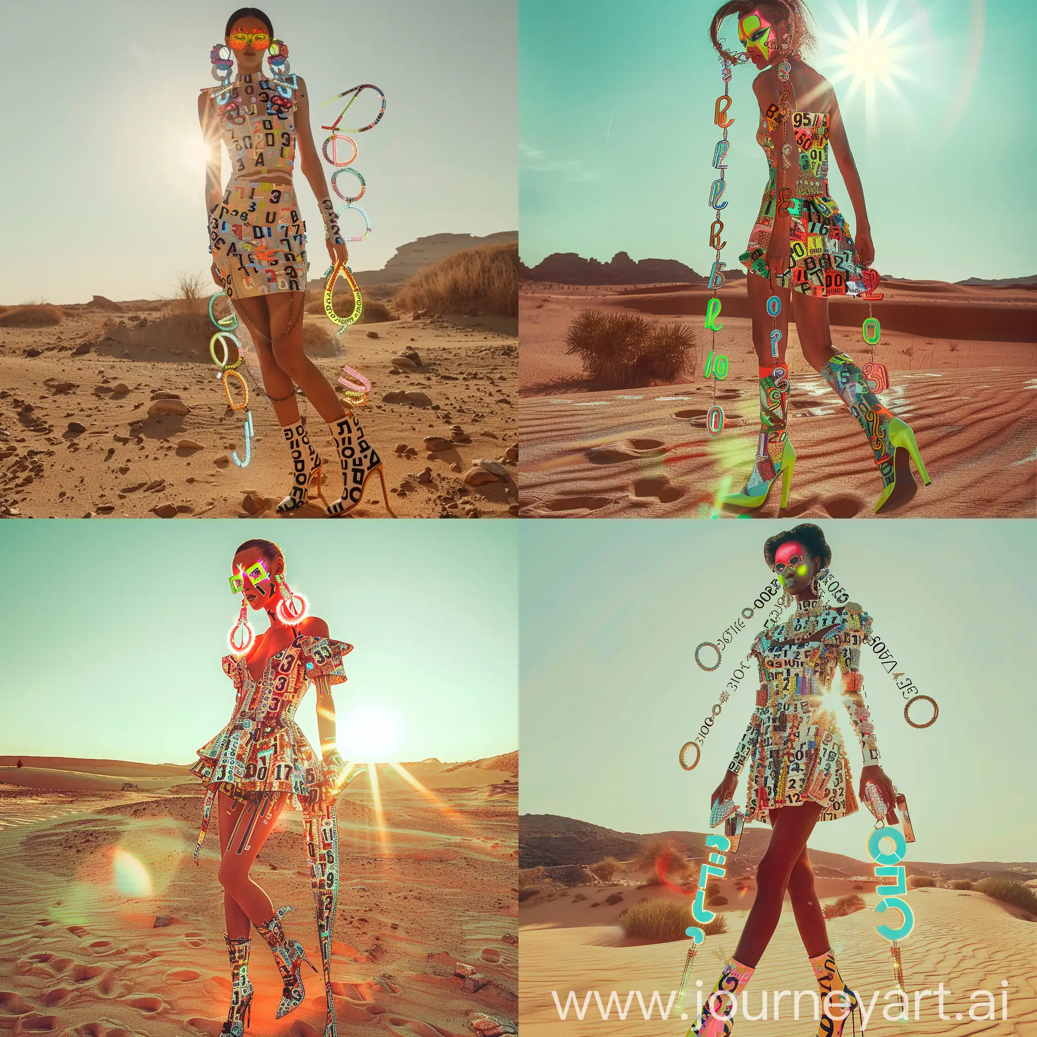 Crea foto di modella che cammina nel deserto, ha un trucco con colori neon, orecchini lunghissimi a forma di numero, indossa un vestito pieno di numeri e lettere, scarpe alte con numeri, é giorno, il sole la illumina, foto realistica, dettagliata, luminosa, alta definizione 