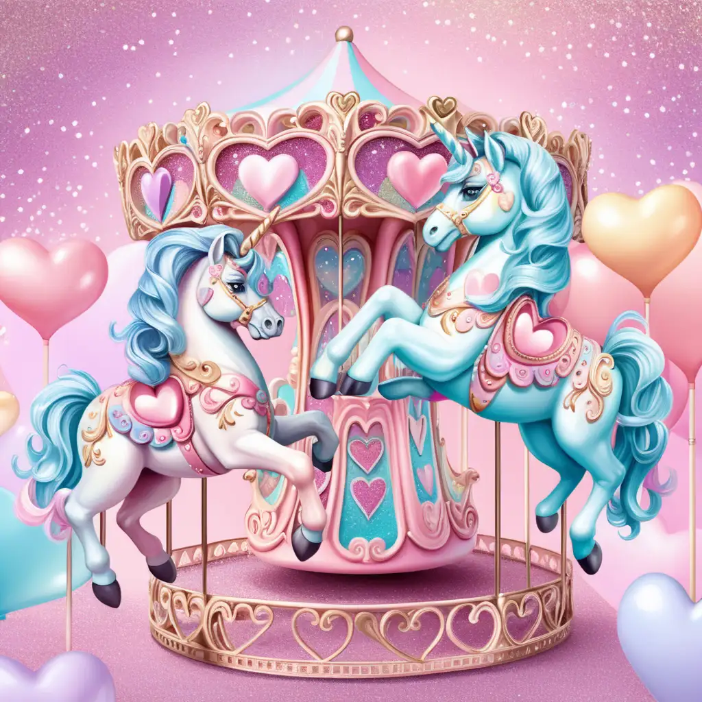 glitter sparkle glossy unicorn carousel, filigree, cotton candy pastel colors colorsplash background with hearts
