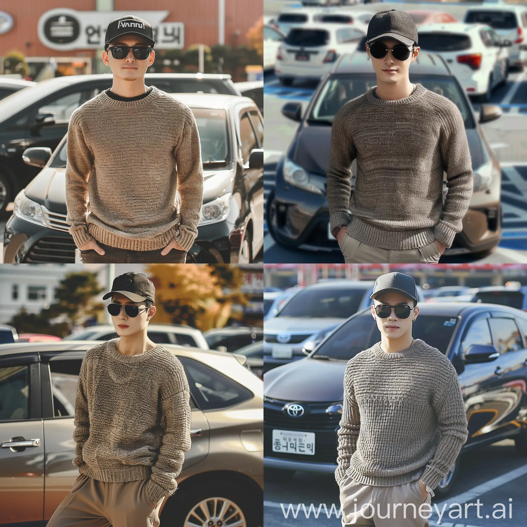 Description of a 30-year-old handsome Korean man with a clean face wearing a baseball cap, black sunglasses, a thick sweater, and long pants, standing in front of a Toyota Avanza car, with the background of a car parking lot showing cars parked in parallel, realistic HD. 