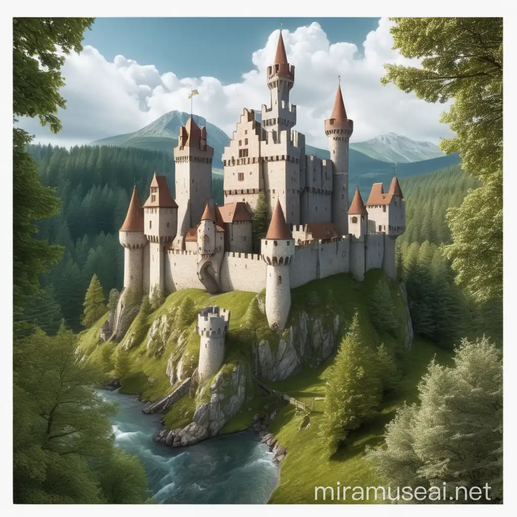 Generate an image of a medieval castle surrounded by forest to be used in a puzzle