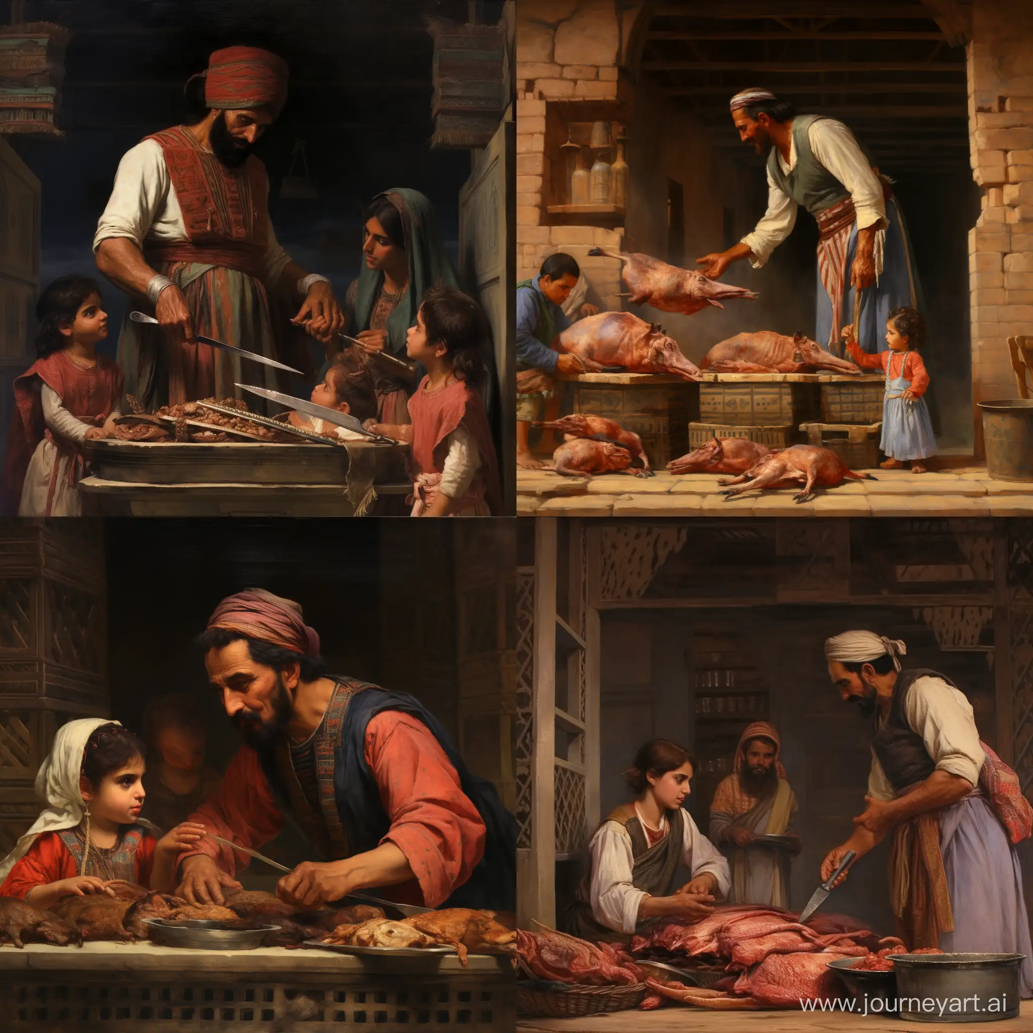 Egyptian-Butcher-Discussing-Family-with-Wife-and-Children-at-Work