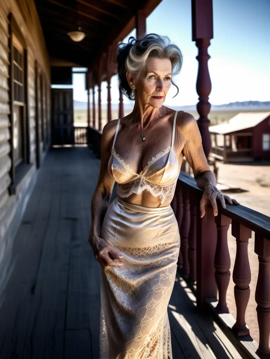 elegant mature woman in lacy bra and silk dress with hair up on the porch outside a brothel in deserted wild west town