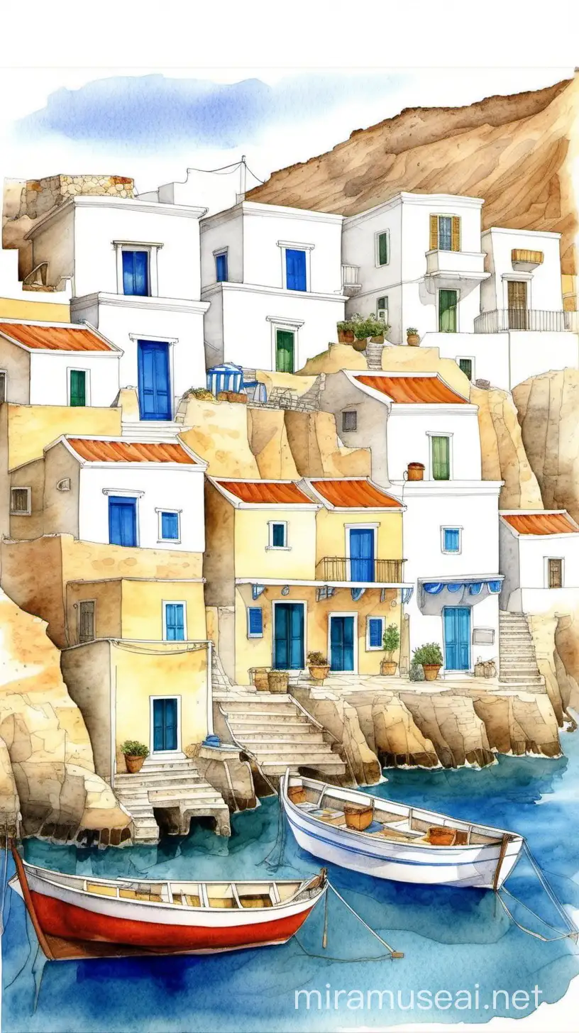 watercolor and pencil drawing of milos, greece in color. typical milos houses, boats, ocean