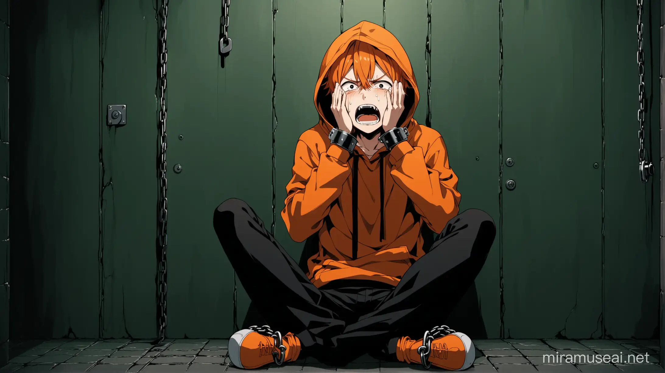 an image of an anime boy character who is sitting on the floor supporting a wall and his hands are tied up by a handcuff with the wall. He is crying, screaming,handsome, orange headed, wearing orange and black  hoodie crying and screaming in an underground secret room with dark green contrasts and vibe in anime style 