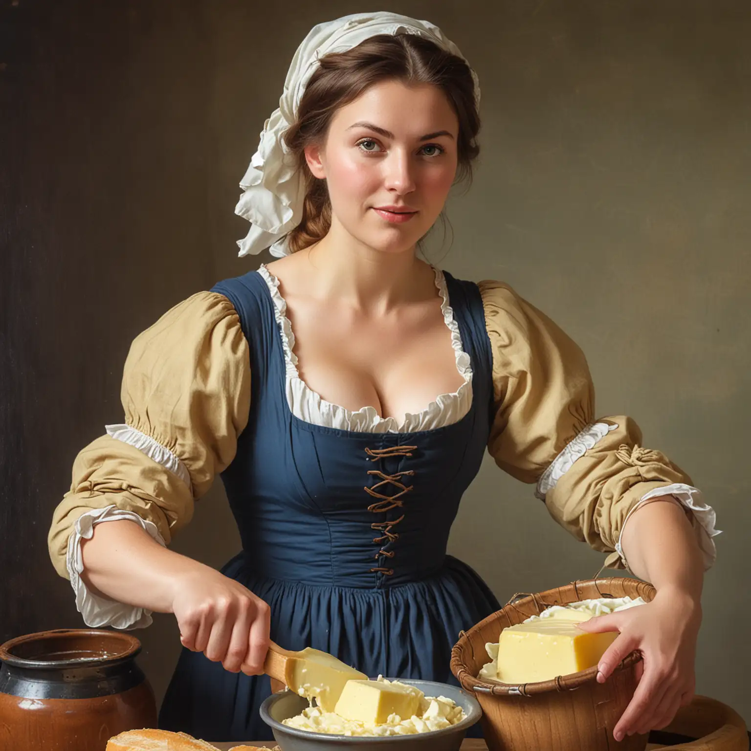 Polish Milkmaid Churning Butter in Rural Setting