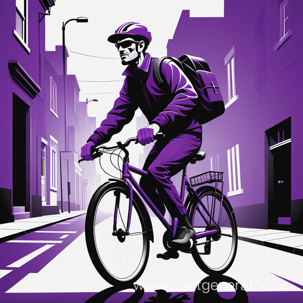 курьер на велосипеде едет по улице, фиолетово-черно-белые цвета, векторная графика