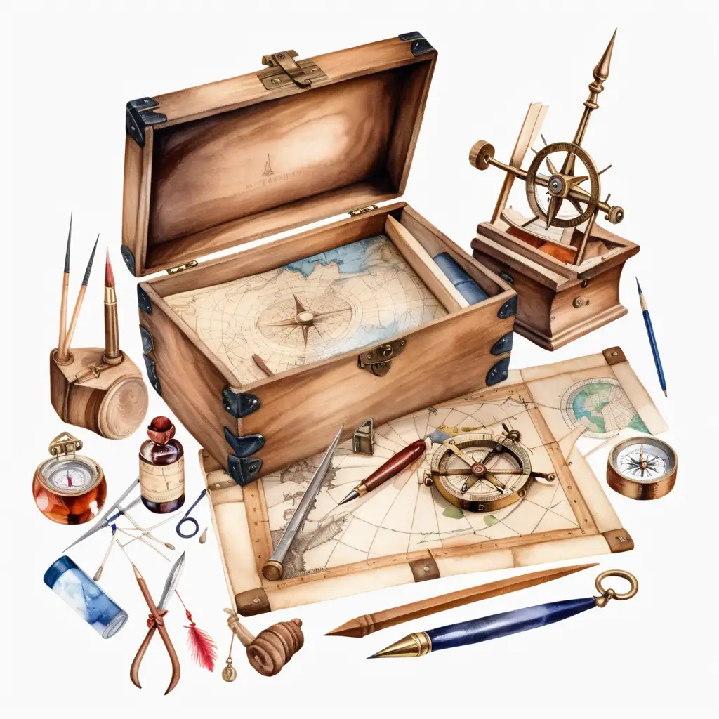 medieval cartographer tools with wooden box, compass, ink and quills, ruler and calipers, sextant, watercolor drawing, no background