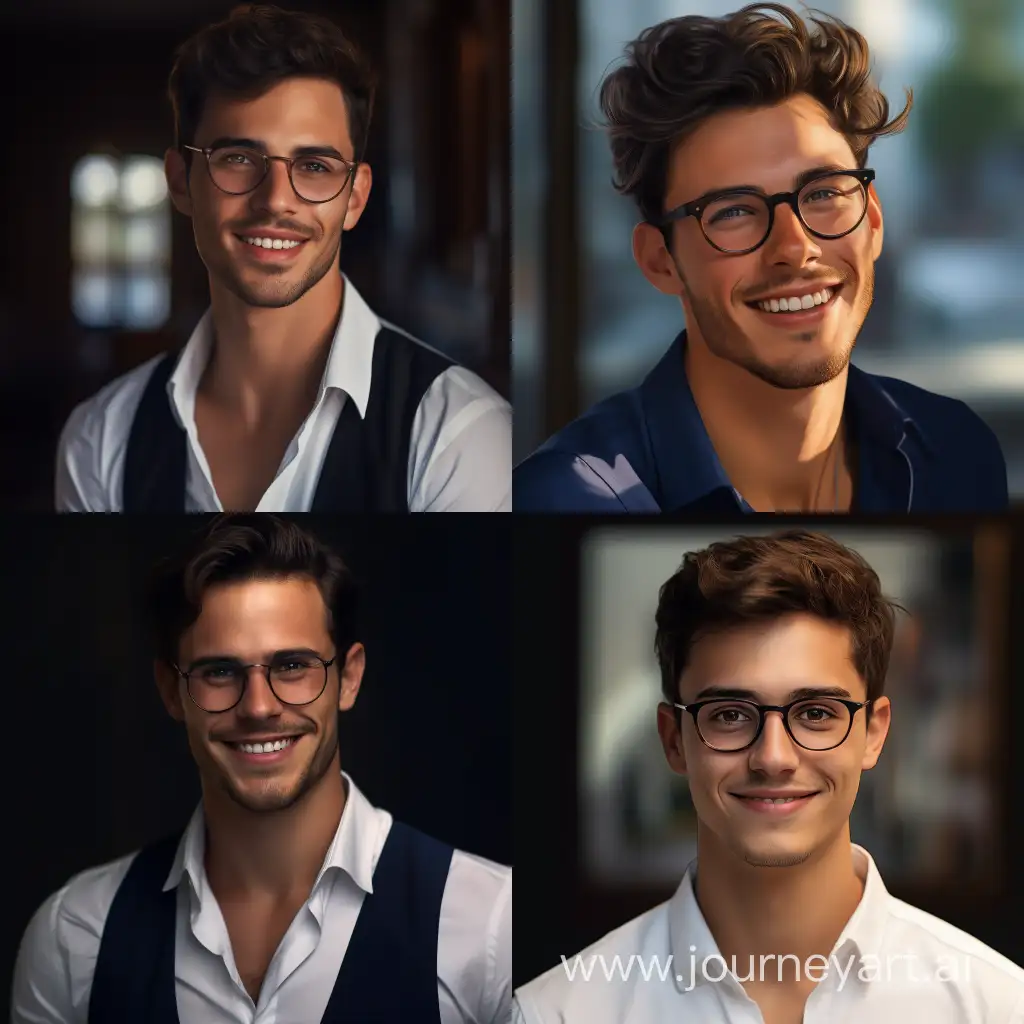the face of a handsome young guy with light black stubble, a smile with white teeth, black eyebrows, narcissistic appearance, horn-rimmed glasses, a white shirt and a dark blue vest, photographed by three quarters. Ultra realistic 8k, daylight, atmospheric