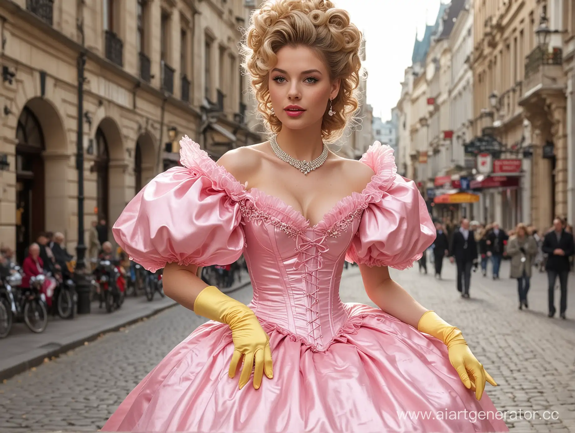Elegant-Princess-in-Pink-Satin-Dress-with-Steel-Stiff-Corset-Strolling-in-Sunny-City-Center