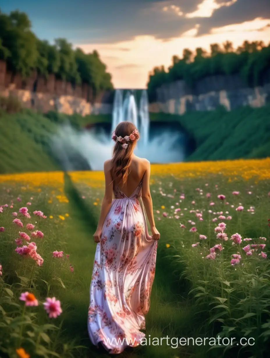 Joyful-Young-Woman-Running-through-Flower-Field-with-Distant-Waterfall-View