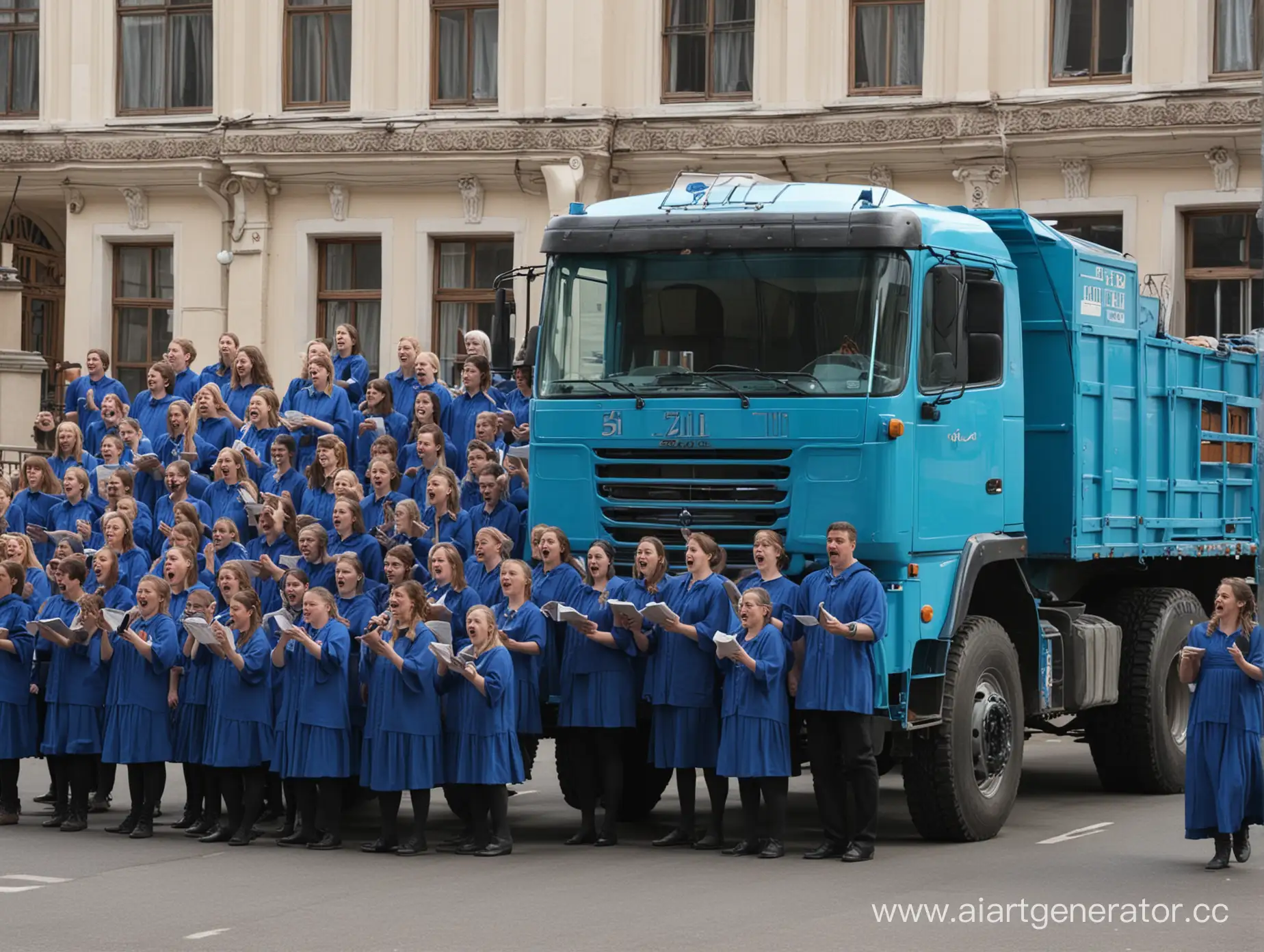 Harmonious-Choir-Performance-by-Singers-in-a-Blue-ZIL-Truck