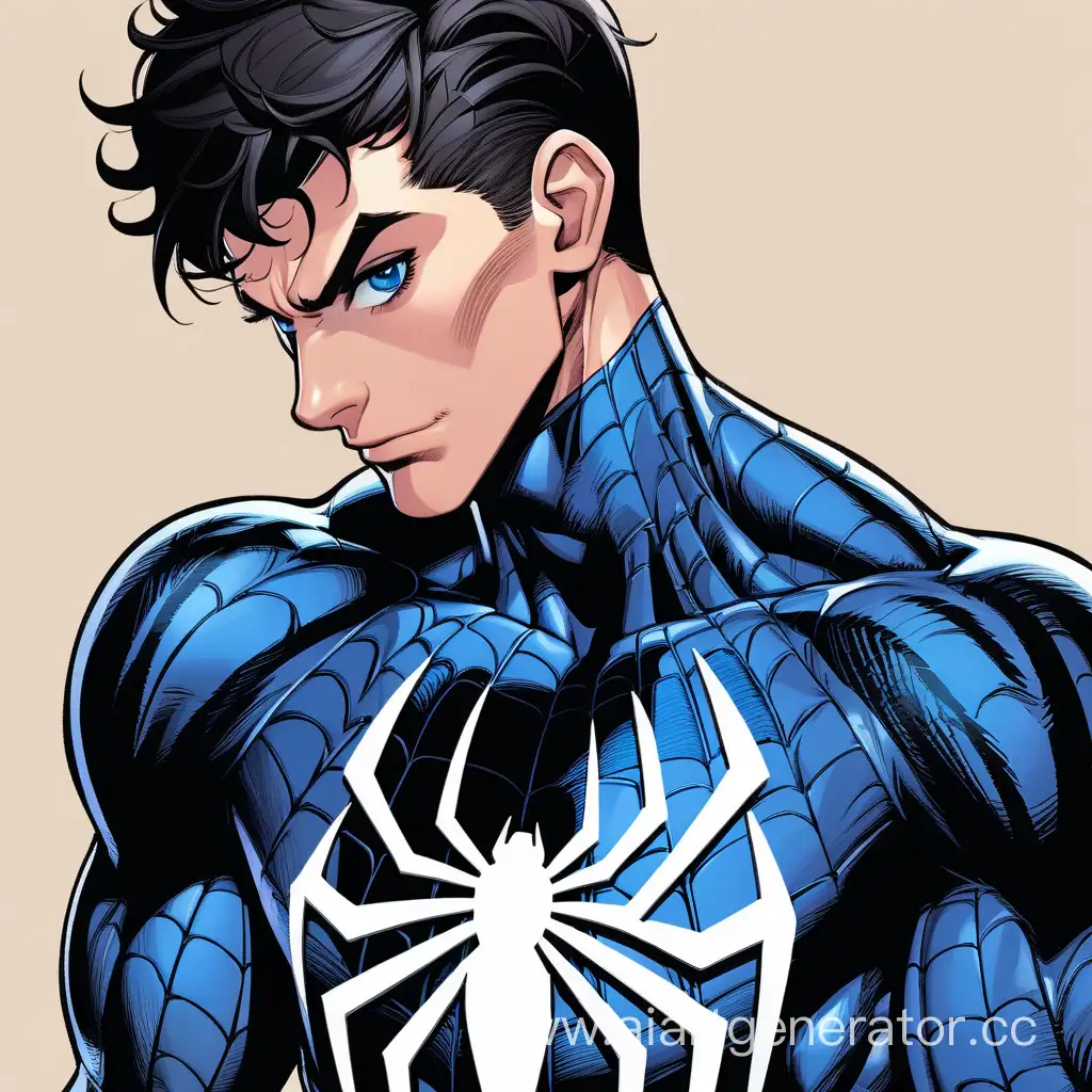 Beautiful, tall guy. broad shoulders and back. 23 years old, in a black and blue Spider-Man suit, pumped up, black short hair, blue eyes, a vertical scar in the corner of his lip on the right side. stile comics 
