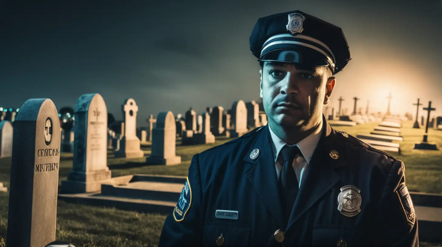 american comic, cinematic lighting, security guard, working at Cemetery