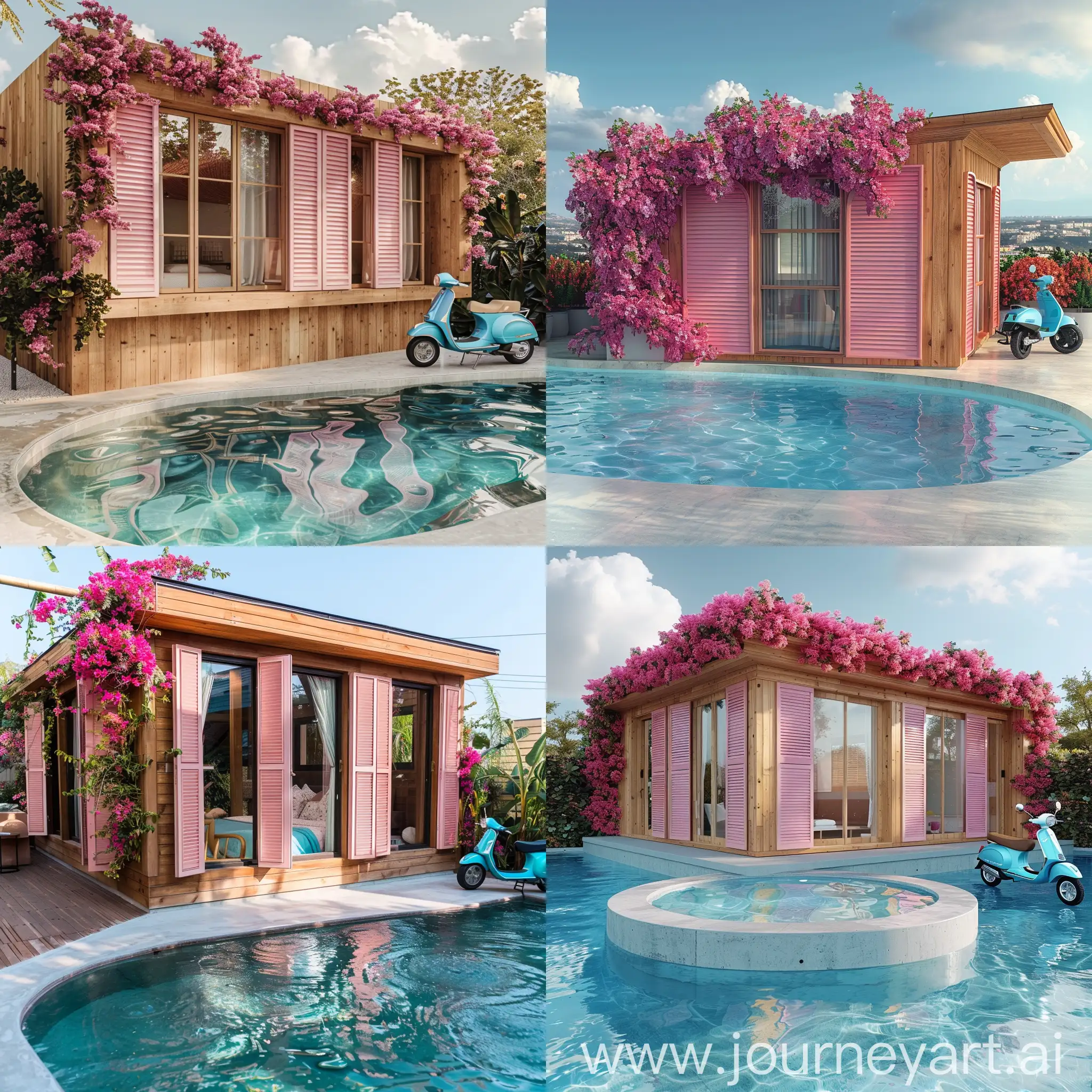 
A small wooden cottage in a modern style, featuring large windows with pink shutters. Bougainvillea in shades of pink grows on the house's walls. In front of the cottage, there's a large oval-shaped concrete pool with crystal-clear water. Adjacent to it, there's a sky-blue Vespa parked.