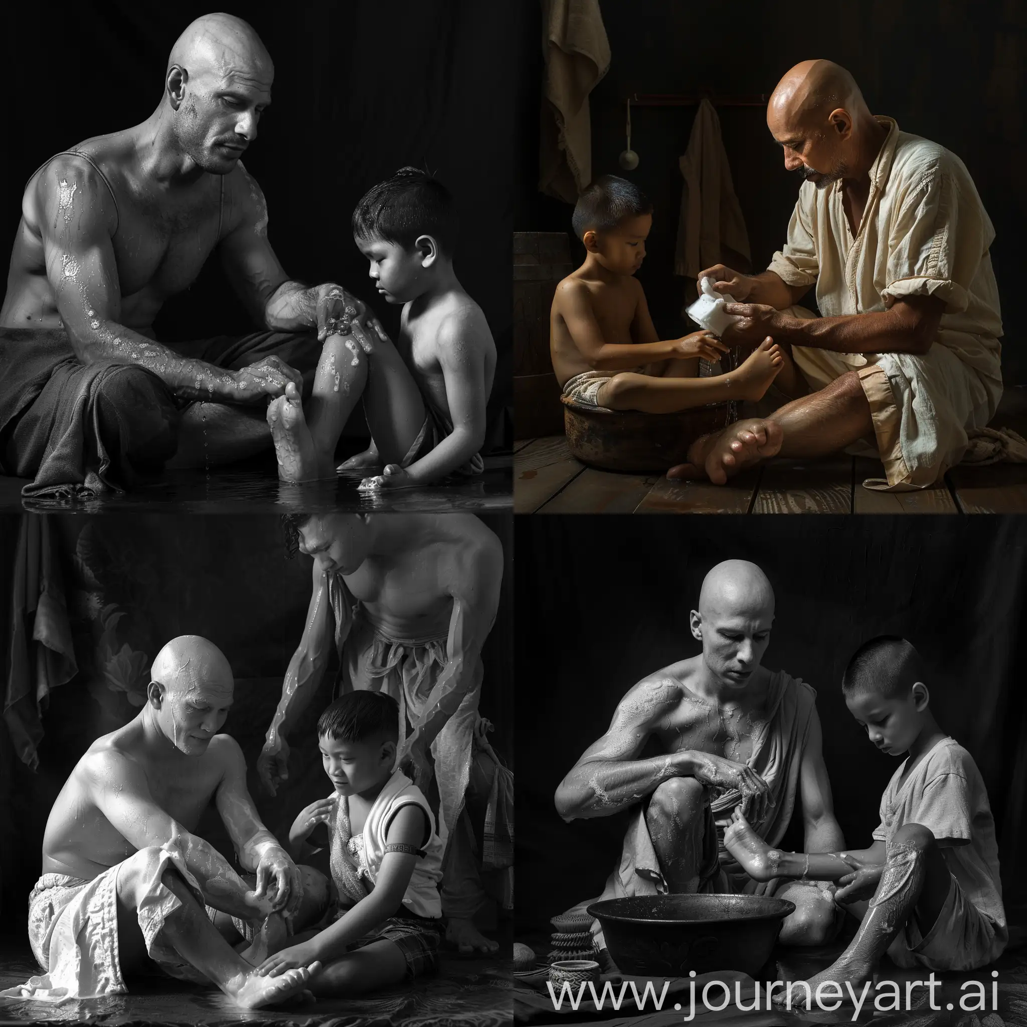 RAW photography: European bald man and his servant Filipino boy washes his feet, hyper-realistic, reduced contrast